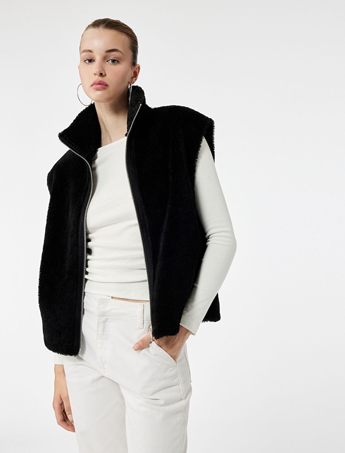 Fermuarlı Uzun Şal Yaka Peluş Yelek