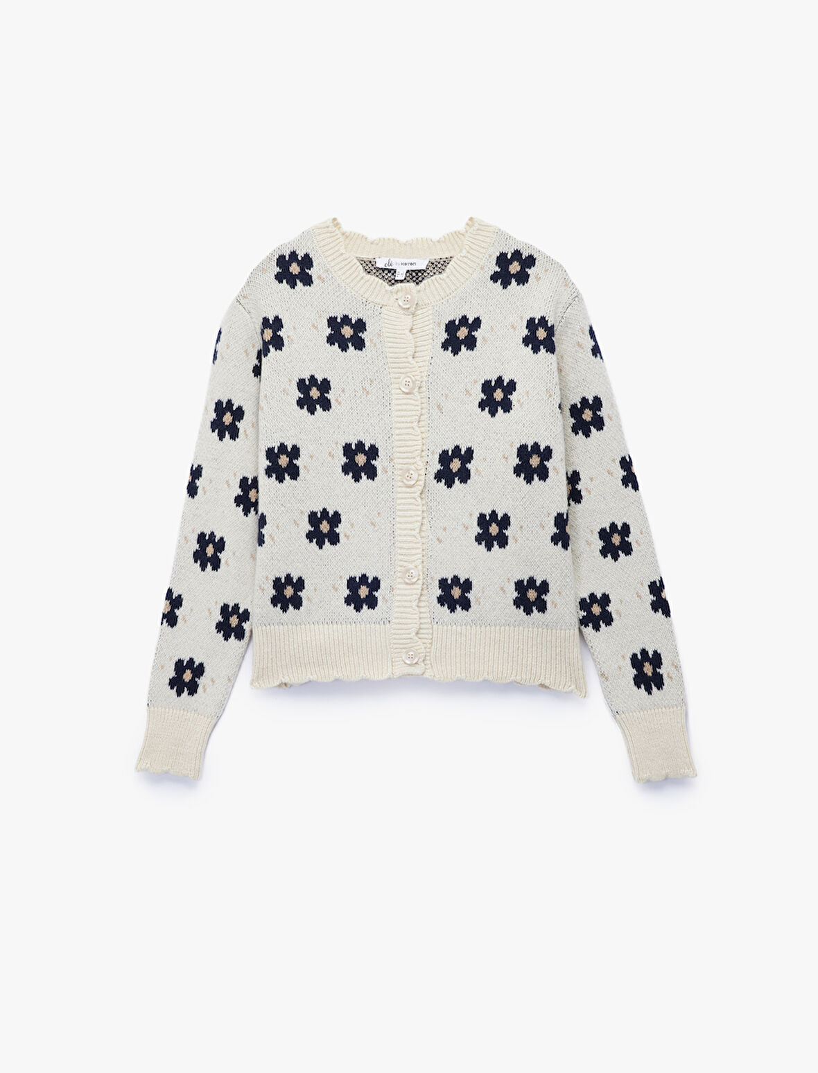 Uzun Kollu Bisiklet Yaka Jakarlı Düğmeli Çiçekli Triko Hırka