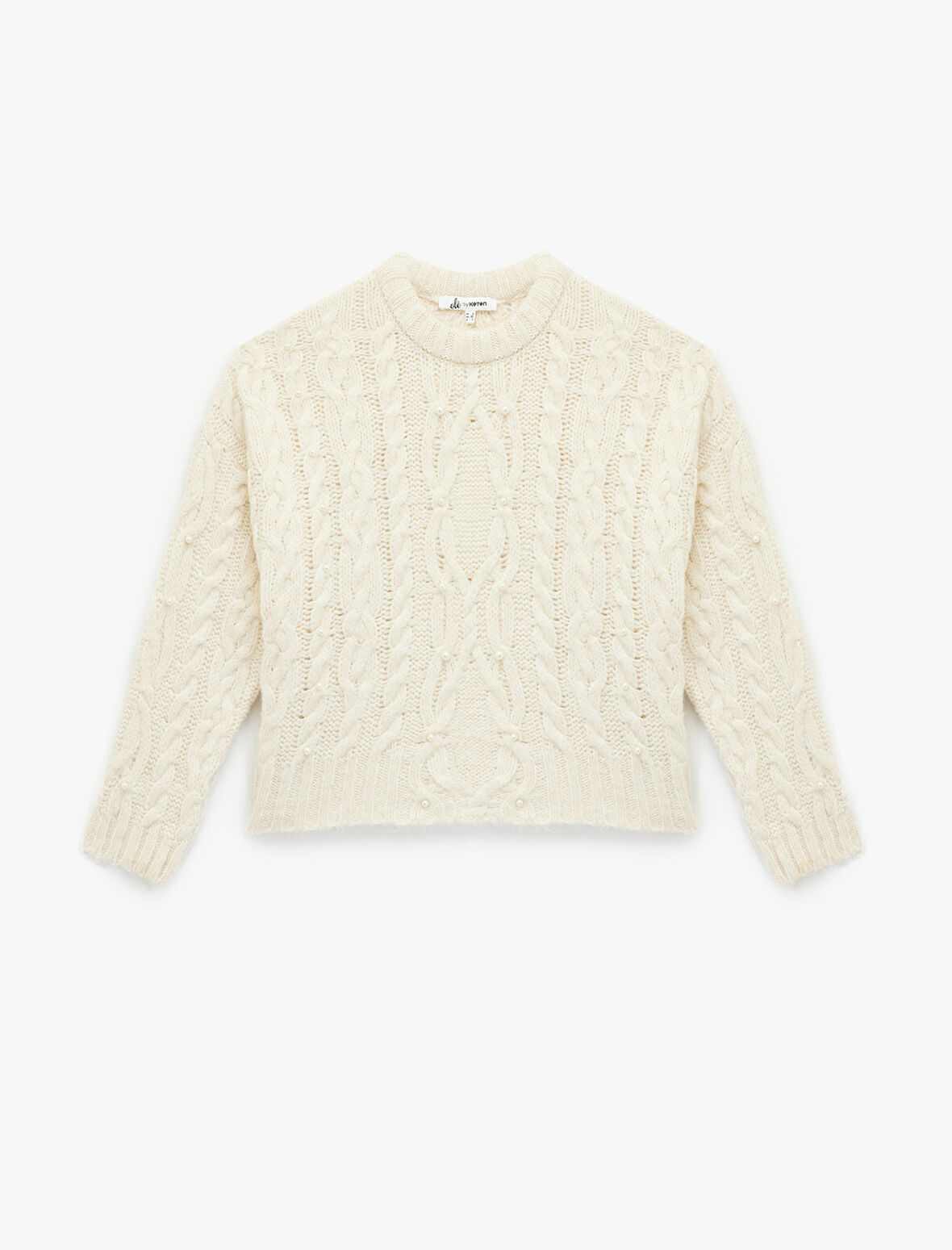 Saç Örgü Dokulu Uzun Kollu Bisiklet Yaka İnci Detaylı Triko Kazak