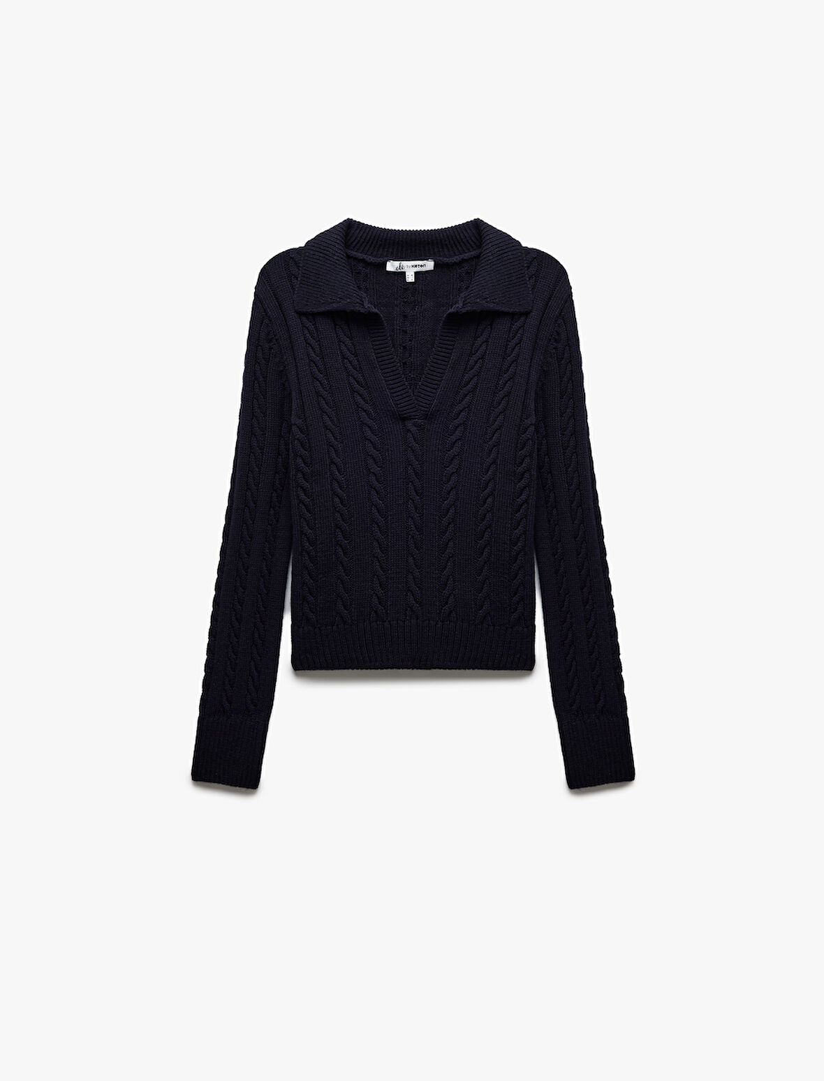 Saç Örgü Dokulu Polo Yaka Uzun Kollu Triko Kazak