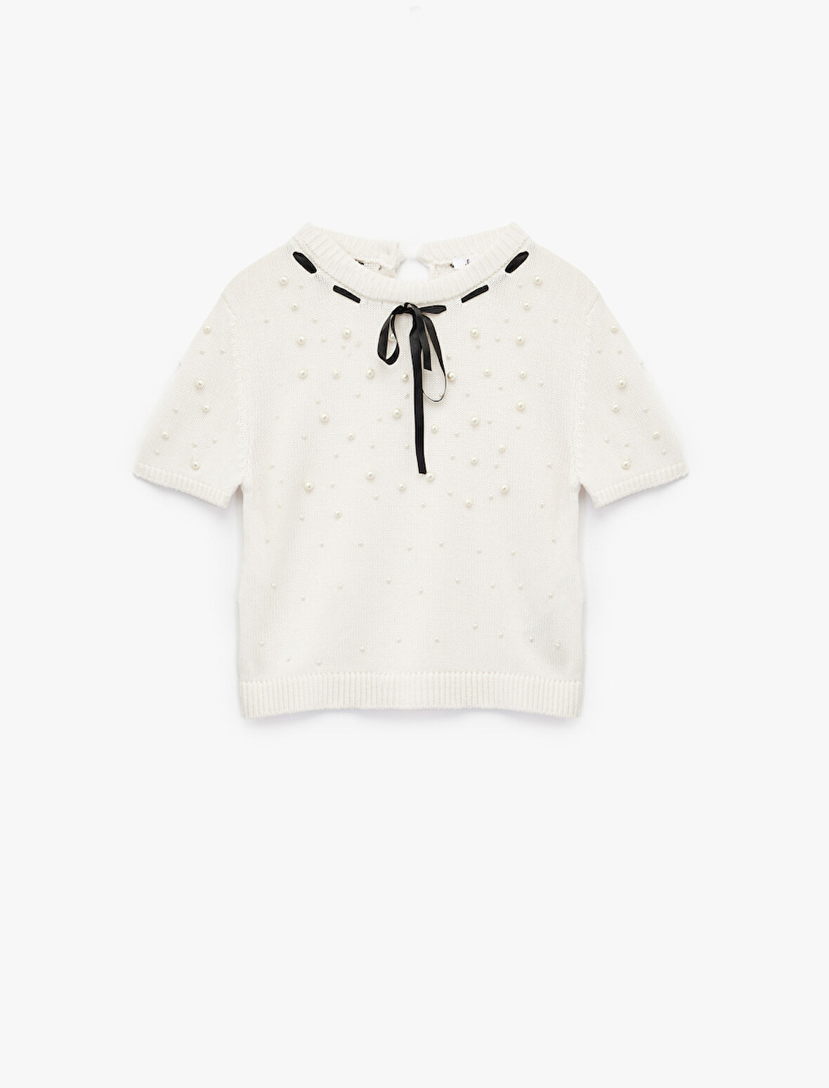 İnci Detaylı Fiyonklu Kısa Kollu Bisiklet Yaka Triko Kazak