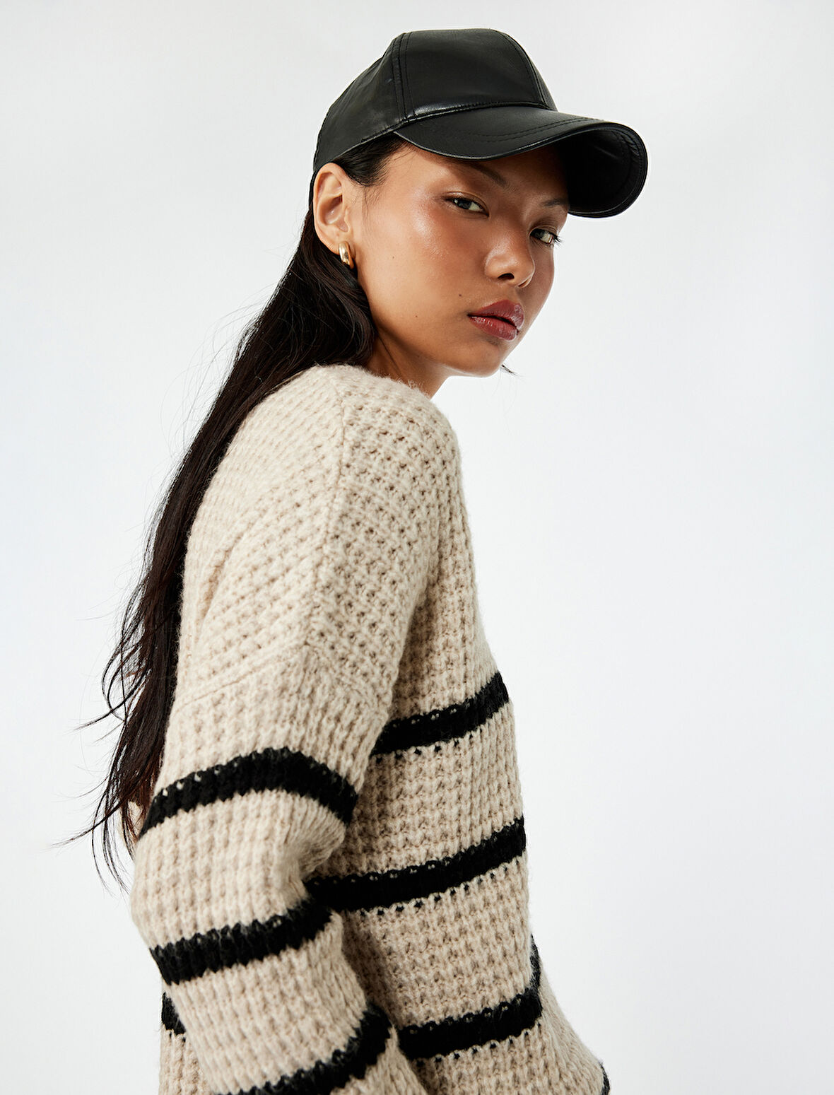 Şerit Desenli Bisiklet Yaka Uzun Kollu Triko Kazak