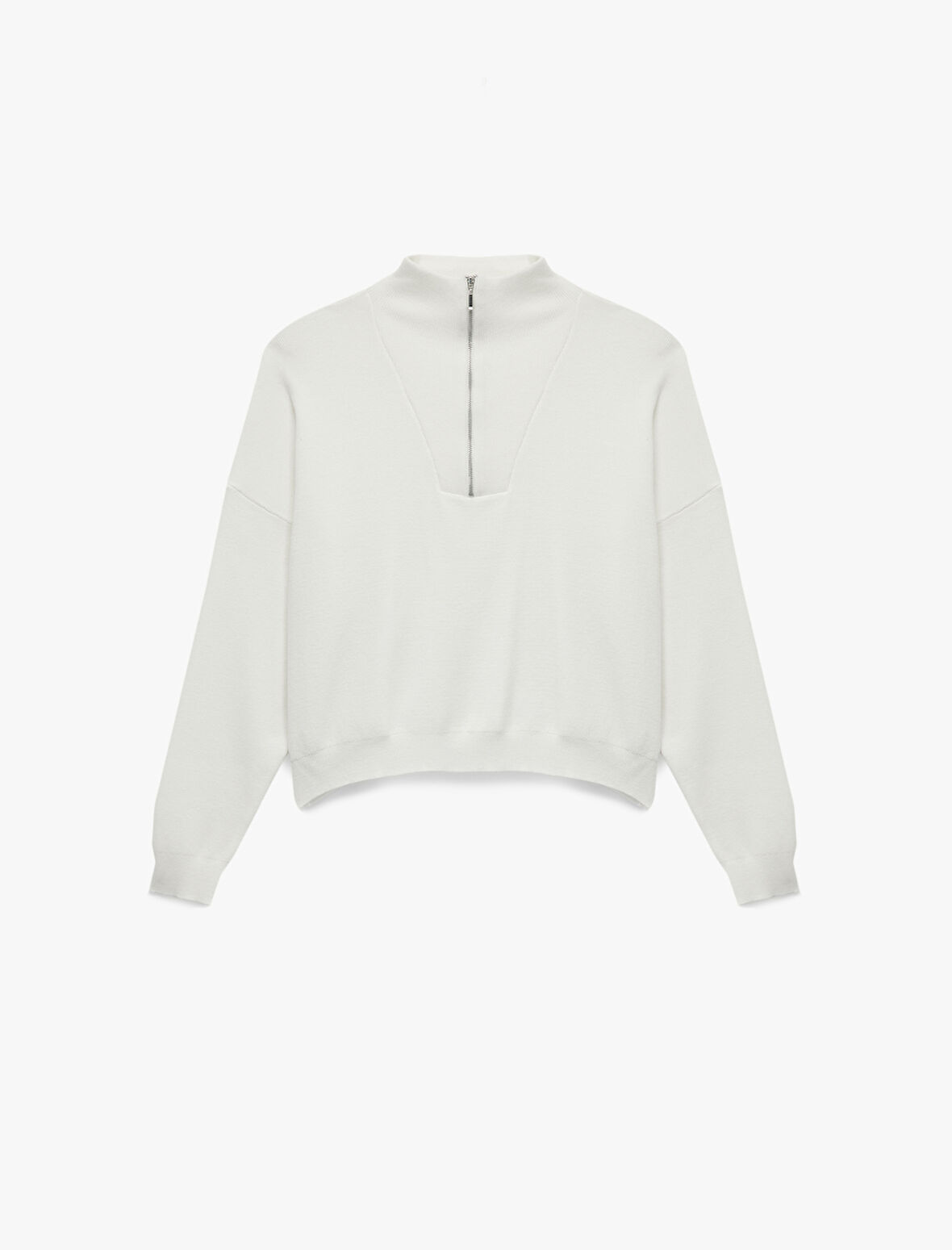 Uzun Kollu Dik Yaka Viskon Karışımlı Yarım Fermuarlı Triko Kazak