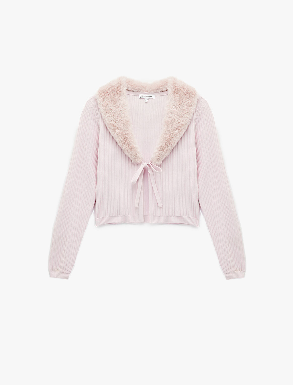 Suni Kürklü Yaka Fiyonklu Bağlama Detaylı Slim Fit Crop Triko Hırka