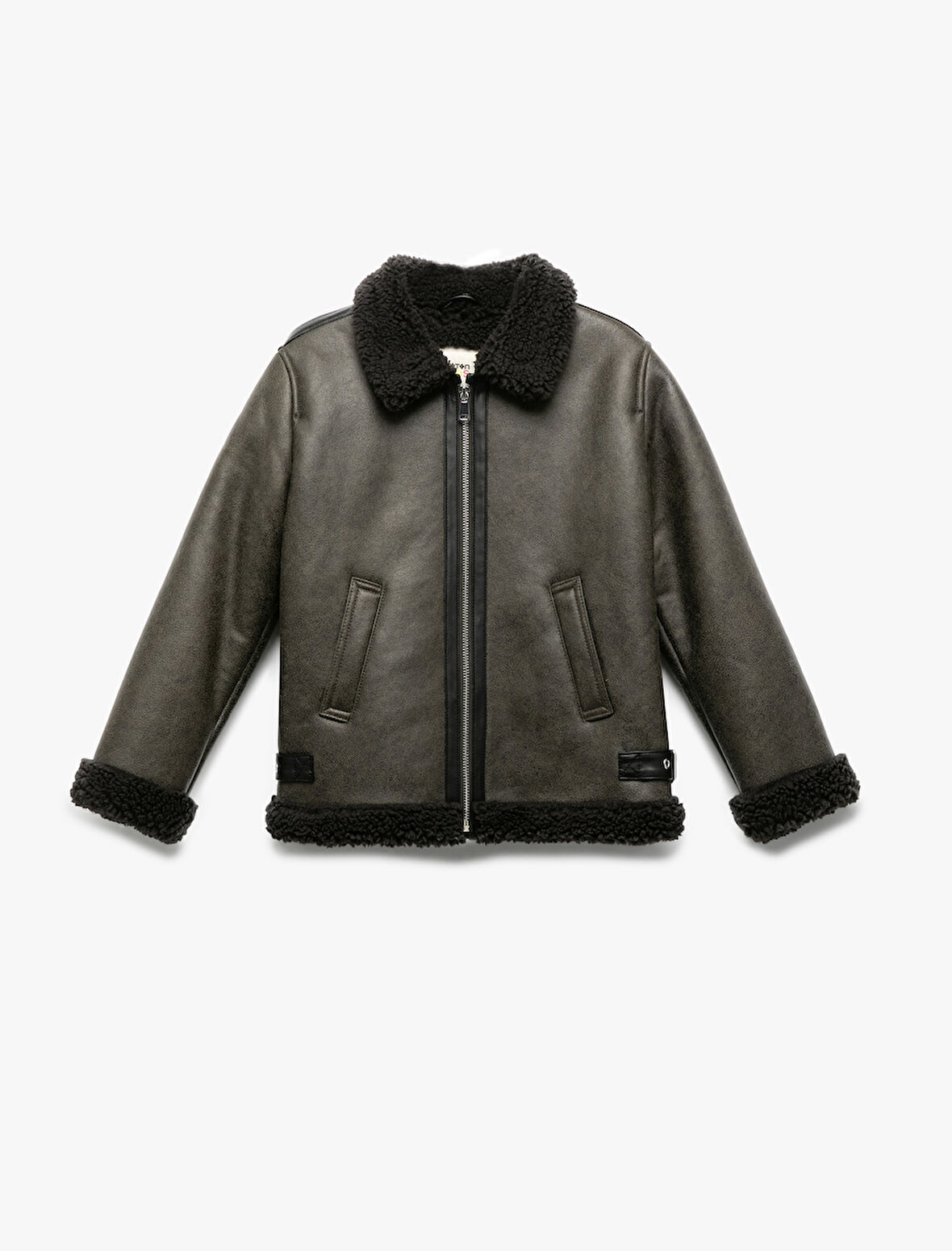 Peluş Detaylı Gömlek Yaka Uzun Kollu Oversize Biker Ceket