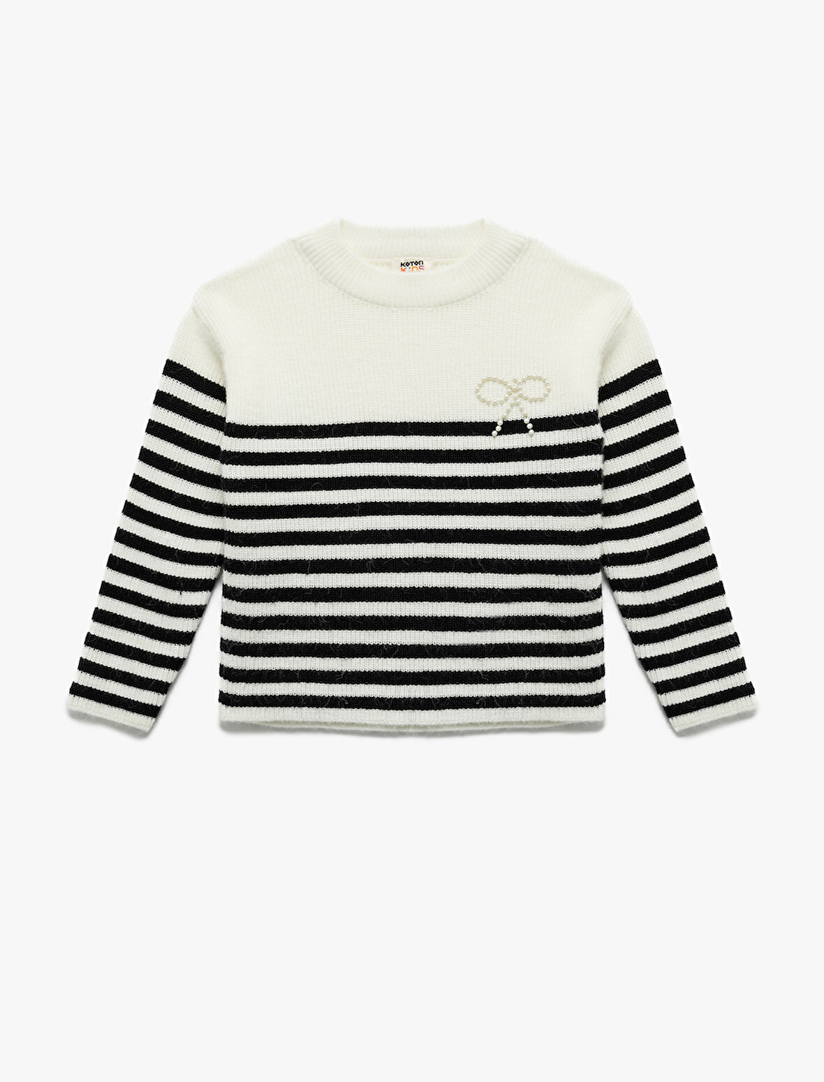 Uzun Kollu Bisiklet Yaka Fiyonk Detaylı Çizgili Triko Kazak