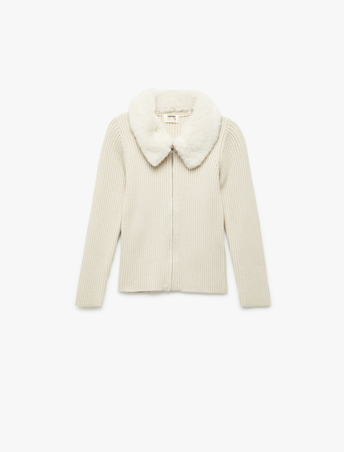 Uzun Kollu Peluş Yaka Viskon Karışımlı Fermuarlı Triko Hırka