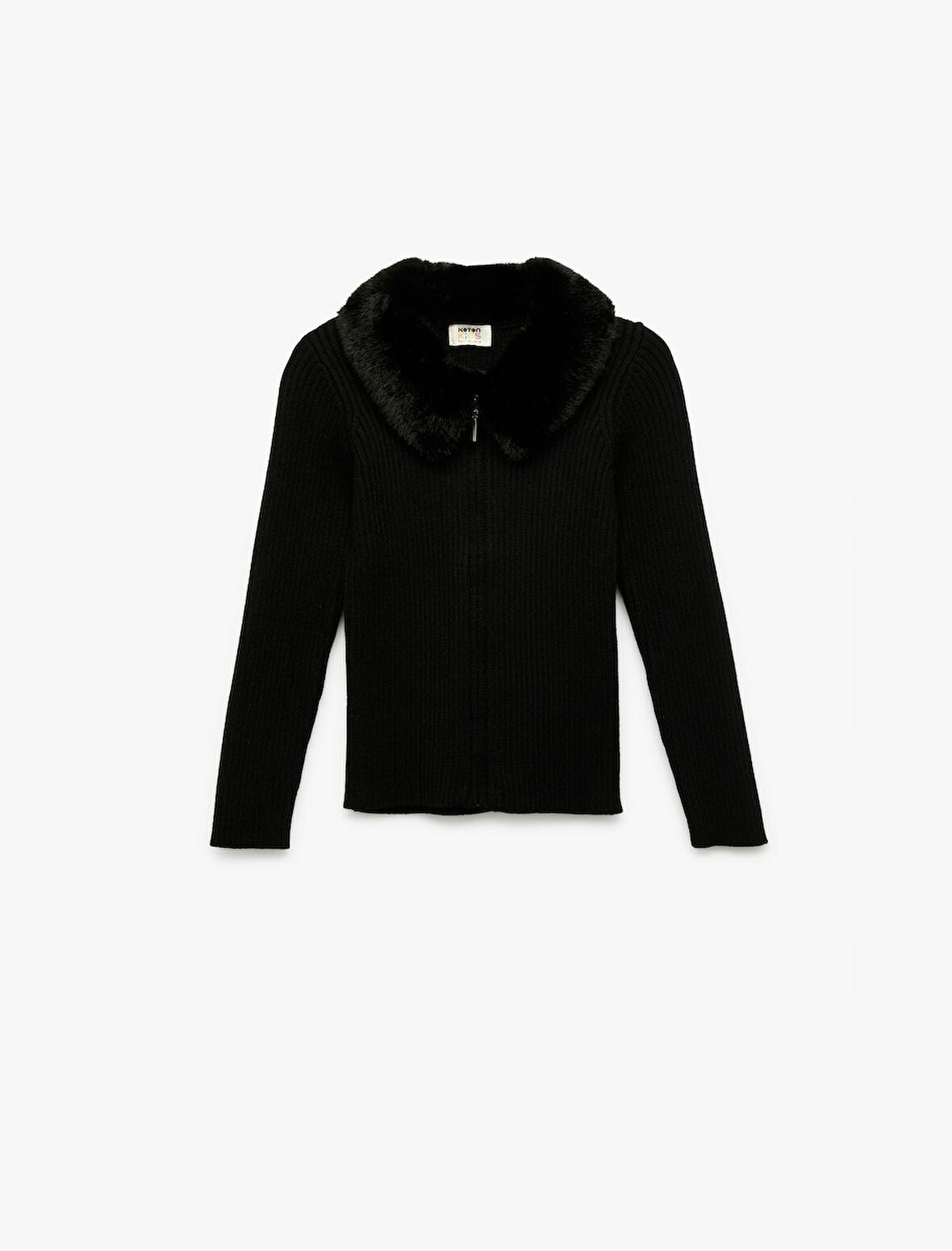 Uzun Kollu Peluş Yaka Viskon Karışımlı Fermuarlı Triko Hırka