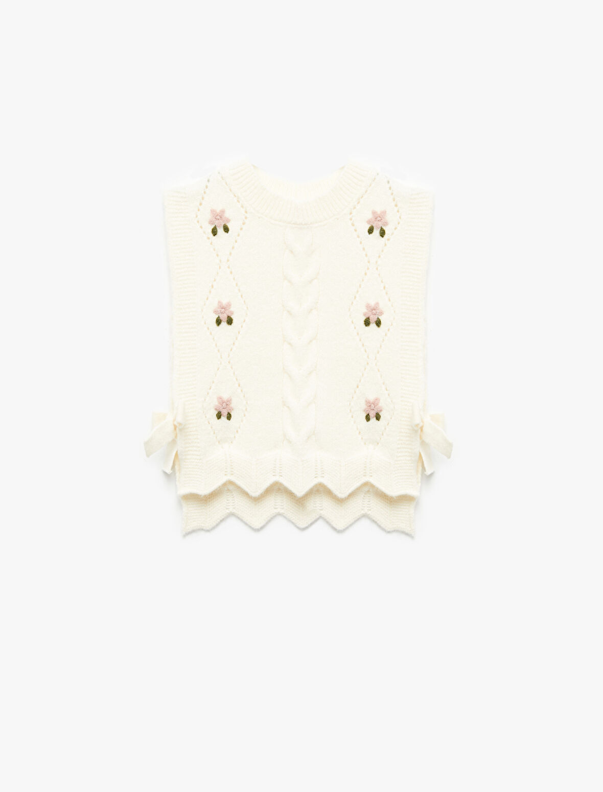 Çiçek Detaylı Kolsuz Bisiklet Yaka Crop Triko Süveter