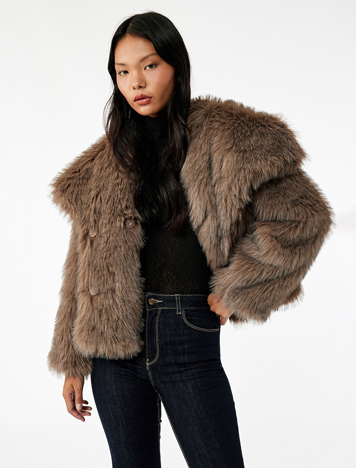 Suni Kürk Mont Oversize Geniş Yaka