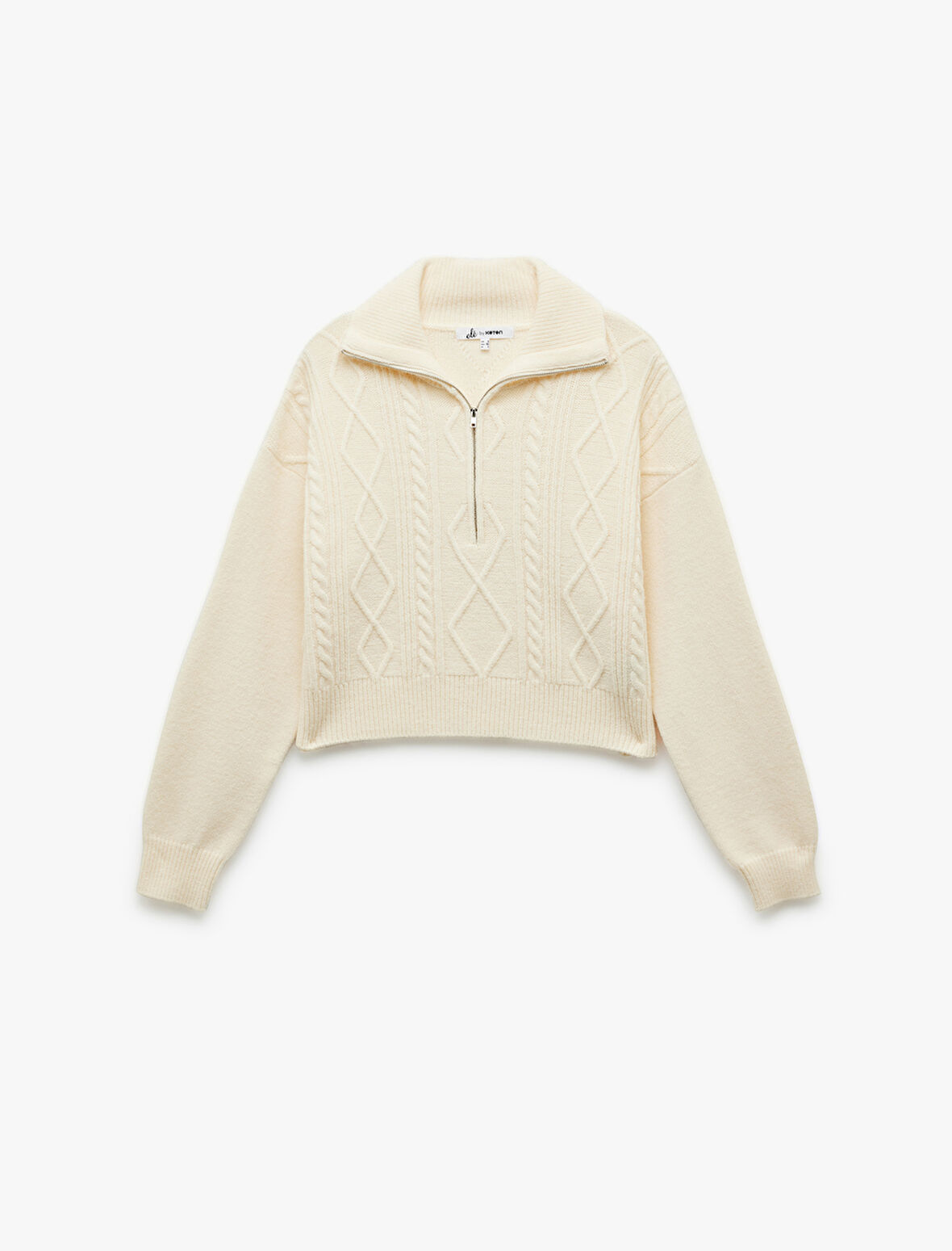 Yarım Fermuarlı Yaka Uzun Kollu Saç Örgü Dokulu Triko Kazak