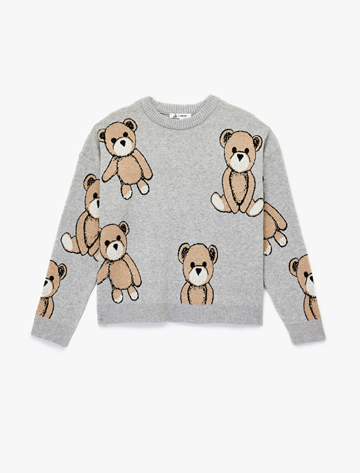 Viskon Karışımlı Uzun Kollu Bisiklet Yaka Ayıcık Desenli Triko Kazak