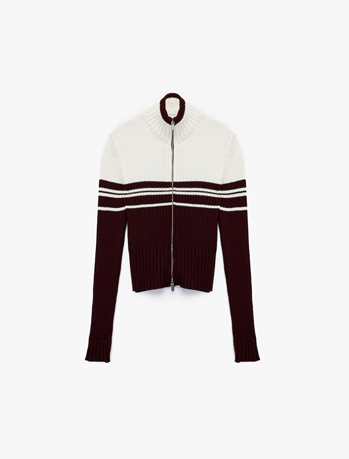 Dik Yaka Slim Fit Uzun Kollu Çizgili Fermuarlı Triko Hırka