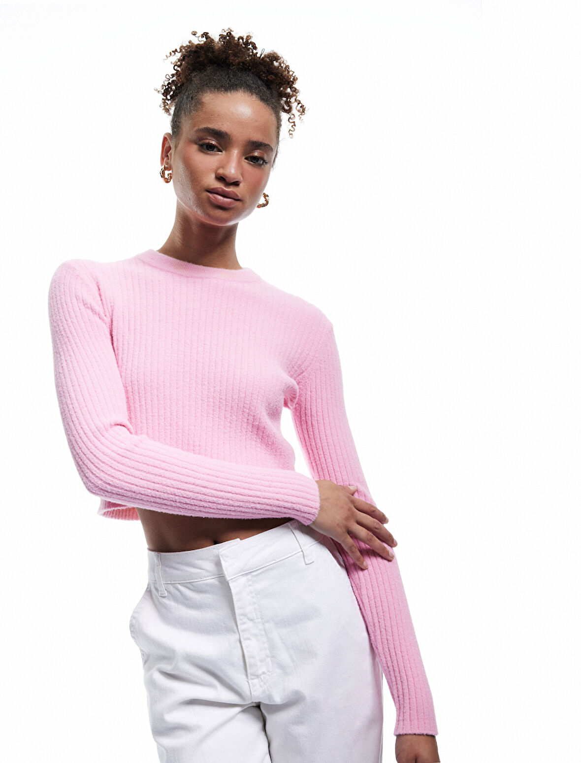 Uzun Kollu Bisiklet Yaka Triko Crop Kazak