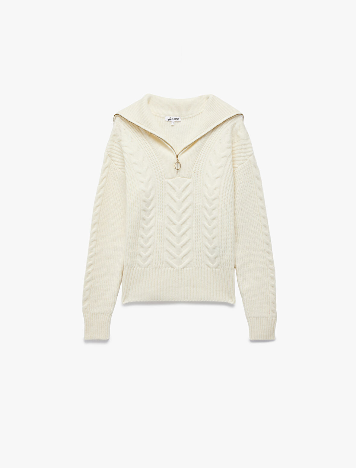 Saç Örgü Dokulu Yarım Fermuarlı Yaka Uzun Kollu Triko Kazak