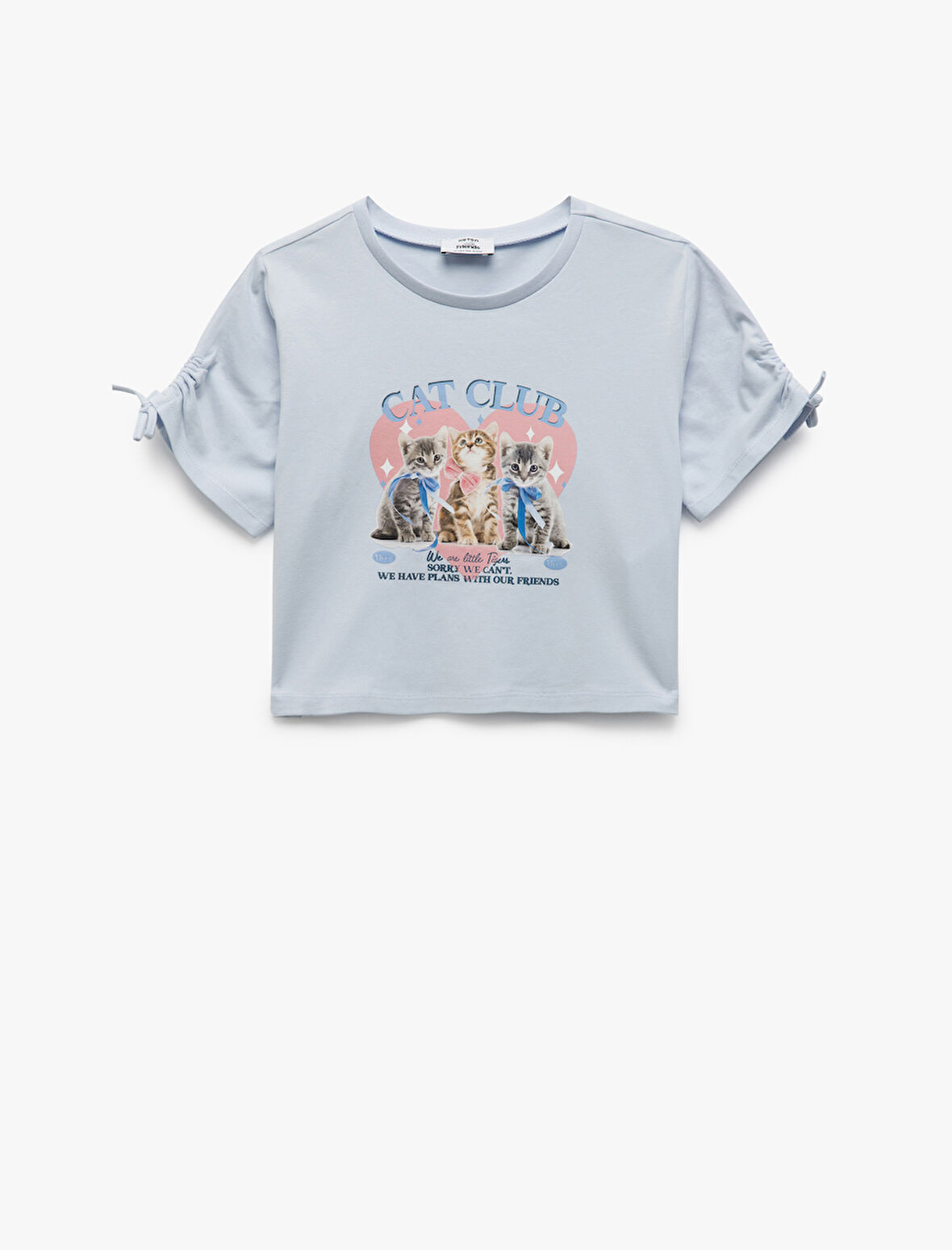 Pamuklu Kedi Baskılı Bisiklet Yaka Kısa Kollu Tişört