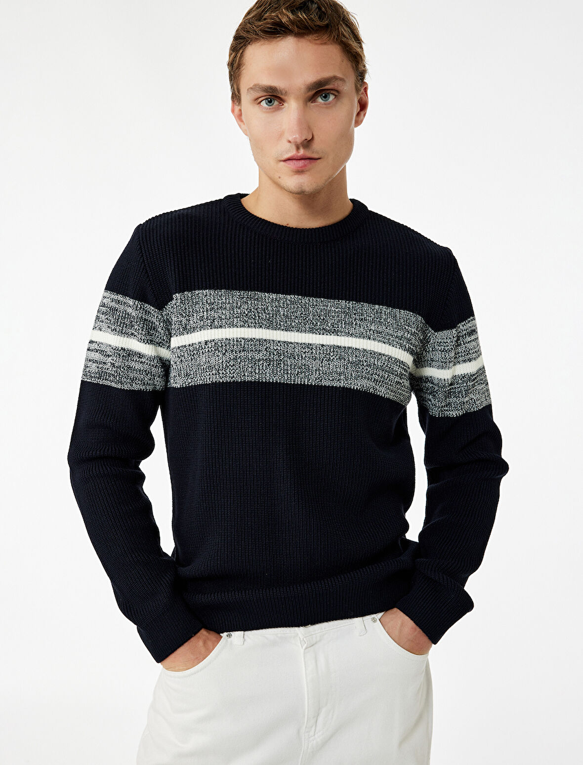 Uzun Kollu Çizgi Detaylı Bisiklet Yaka Kışlık Triko Kazak