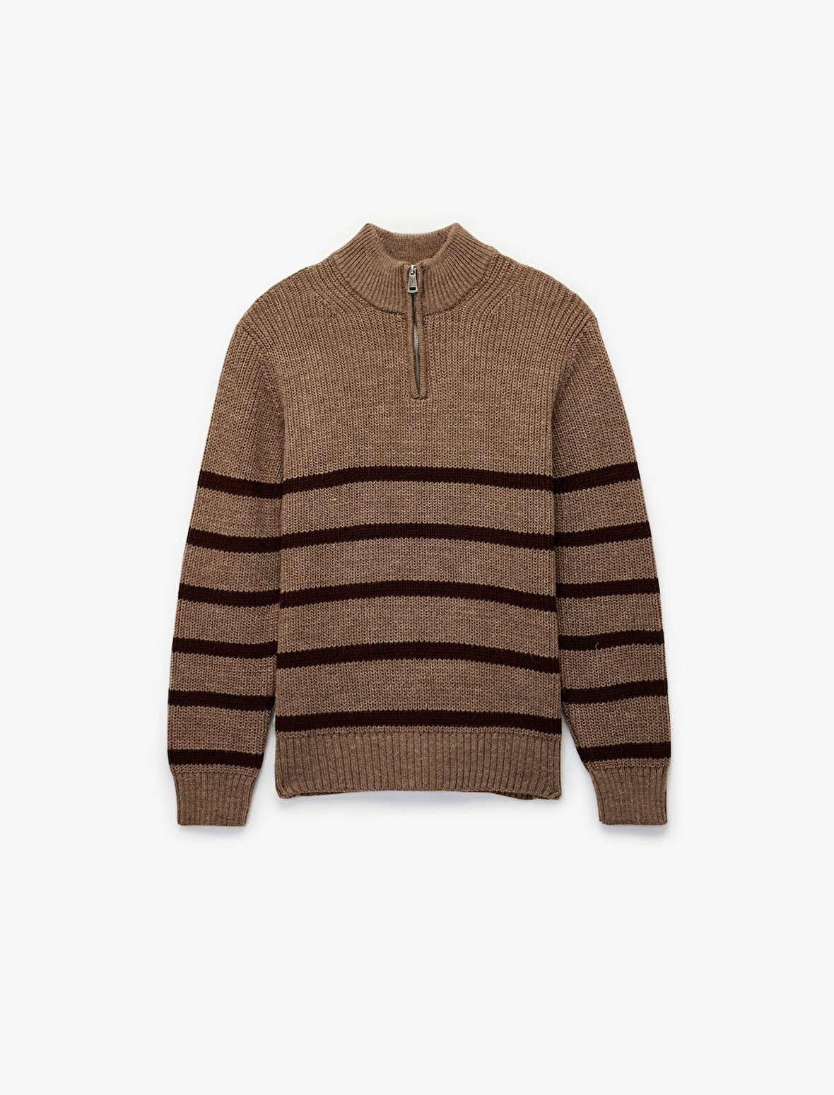 Uzun Kollu Çizgili Basic Yarım Fermuarlı Triko Kazak