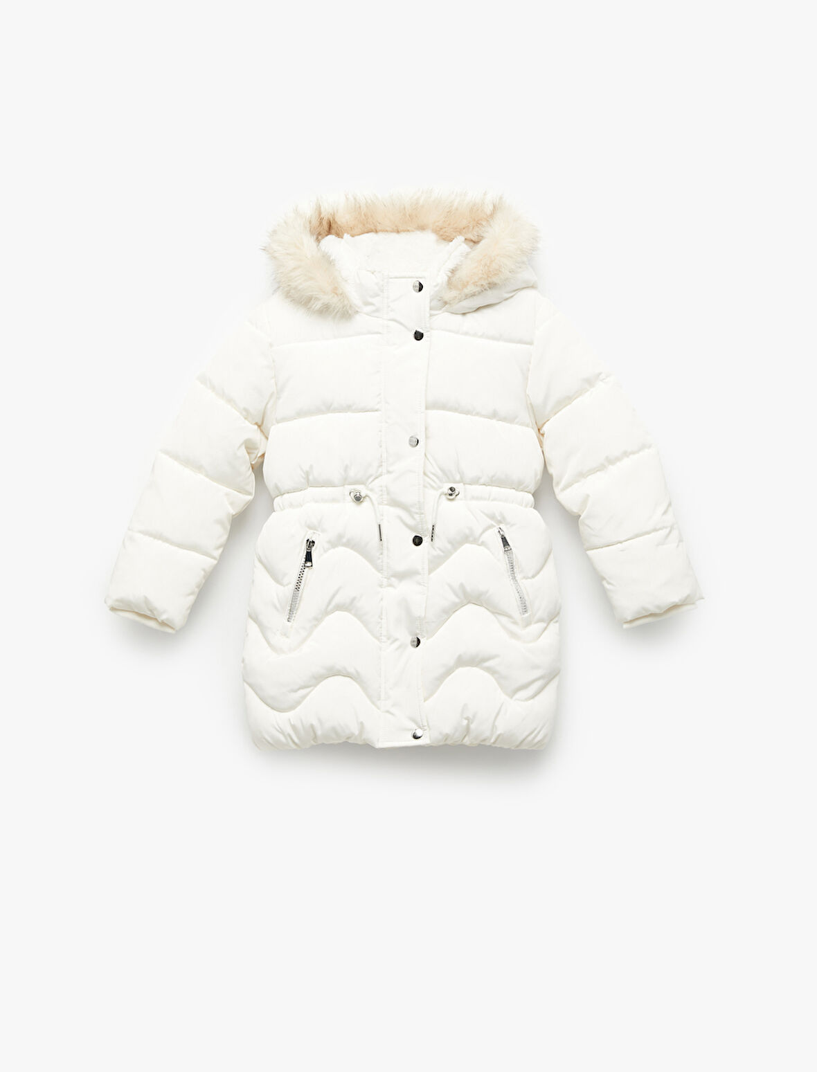 Uzun Kollu Peluş Detaylı Kapşonlu Fermuarlı Şişme Mont