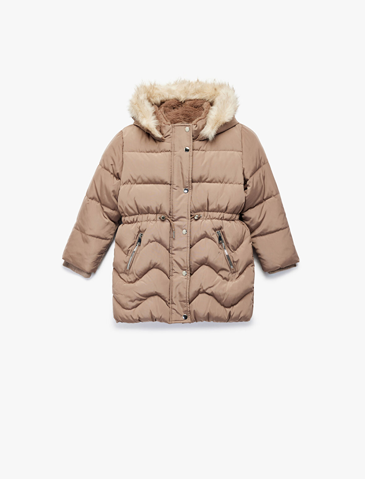 Uzun Kollu Peluş Detaylı Kapşonlu Fermuarlı Şişme Mont