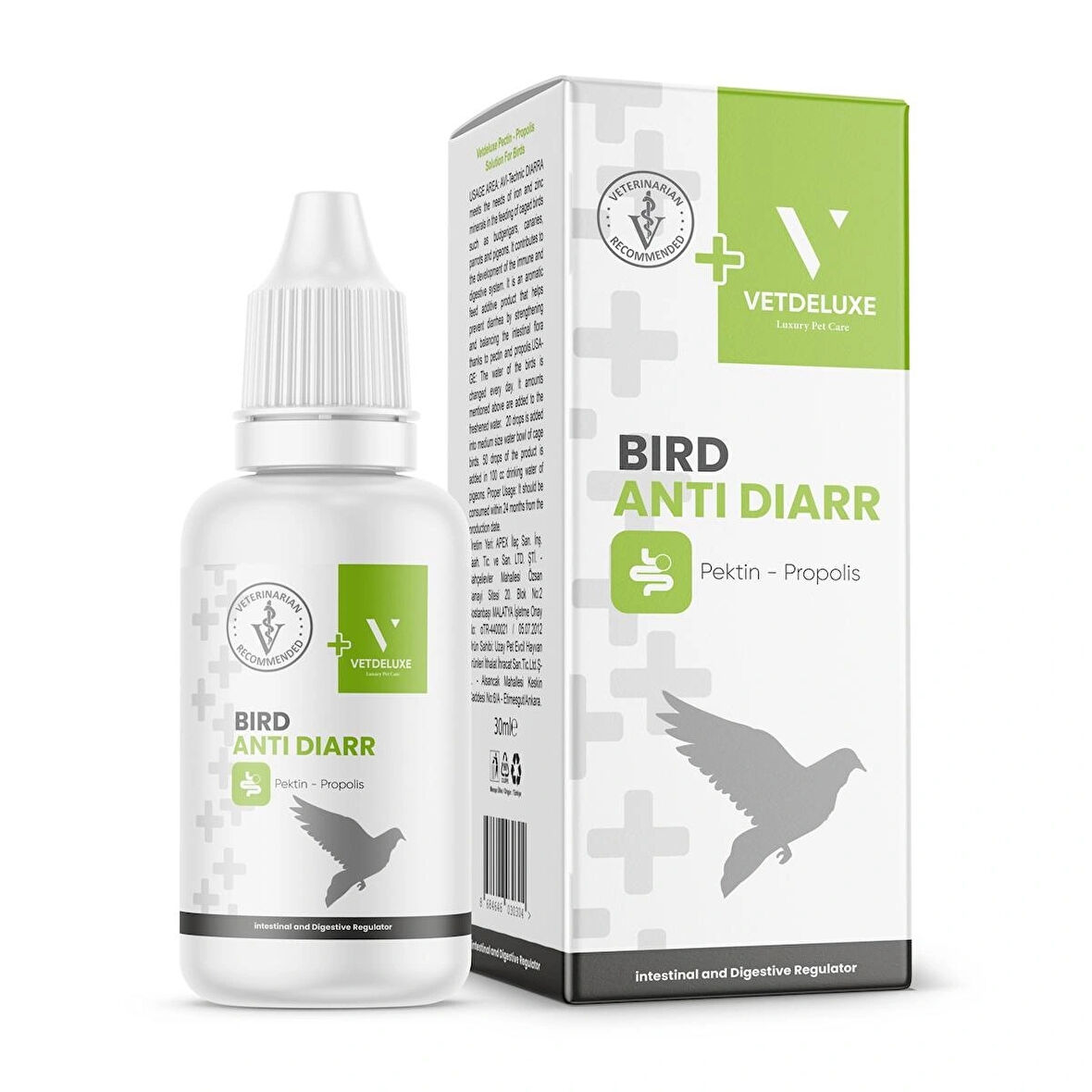 VETDELUXE Bird Antidiarr Likit Kuşlar İçin Bağırsak ve Sindirim Sistemi Düzenleyici İshal Giderici Sıvı Vitamin 30 ml
