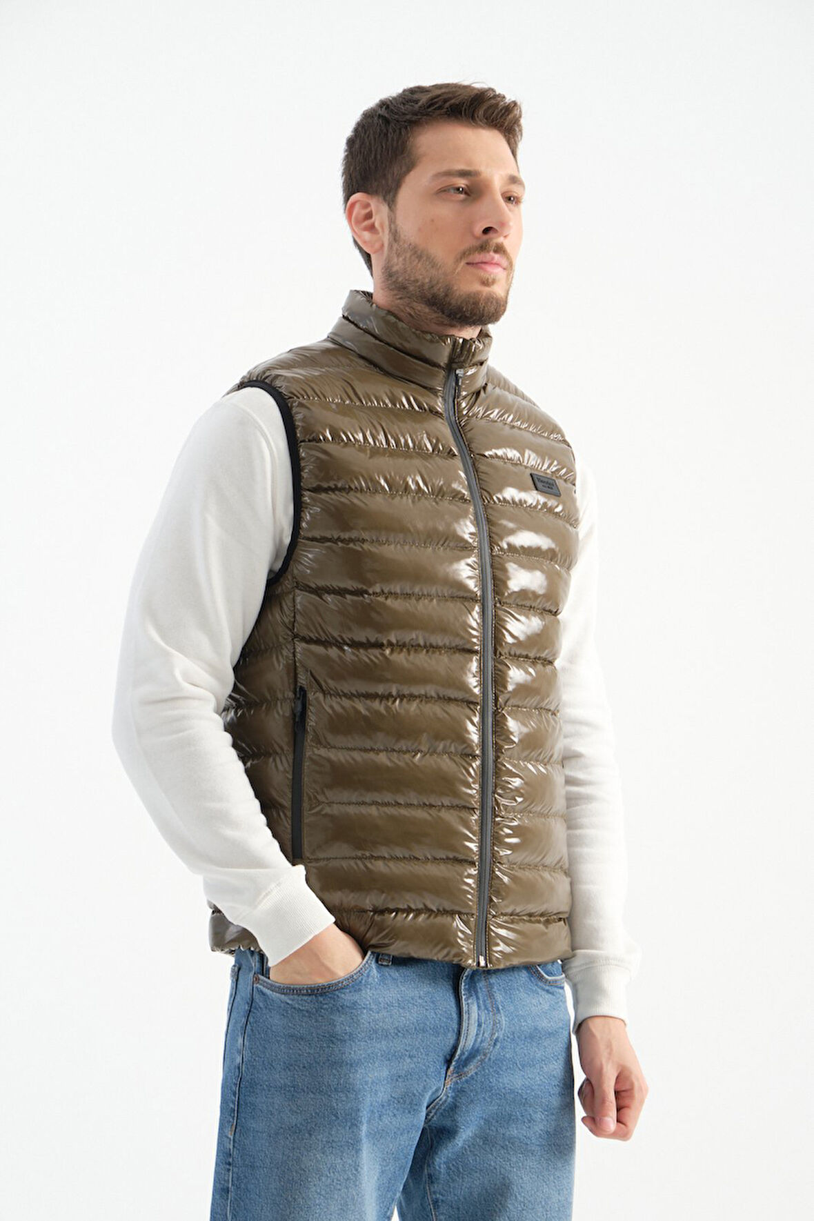 Haki - 2XL Erkek Parlak Yelek Luxe Bej