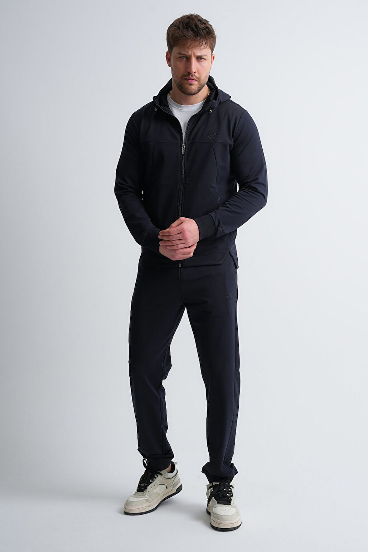 Lacivert - XL Erkek Fermuarlı Kapüşonlu Gizli Cep Detaylı Eşofman Takımı