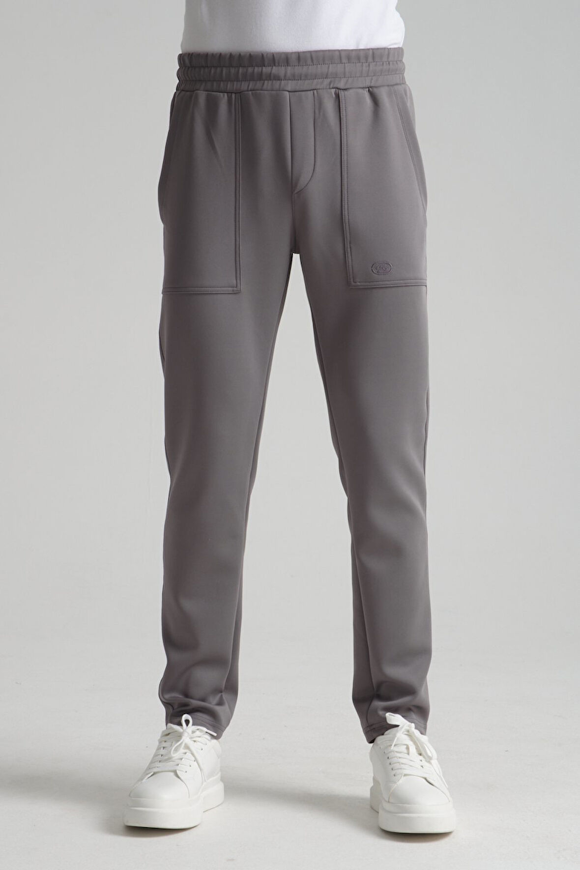 Gri - 3XL Erkek Düz Paça Beli Bağcıklı Logo Detaylı Jogger Eşofman Altı