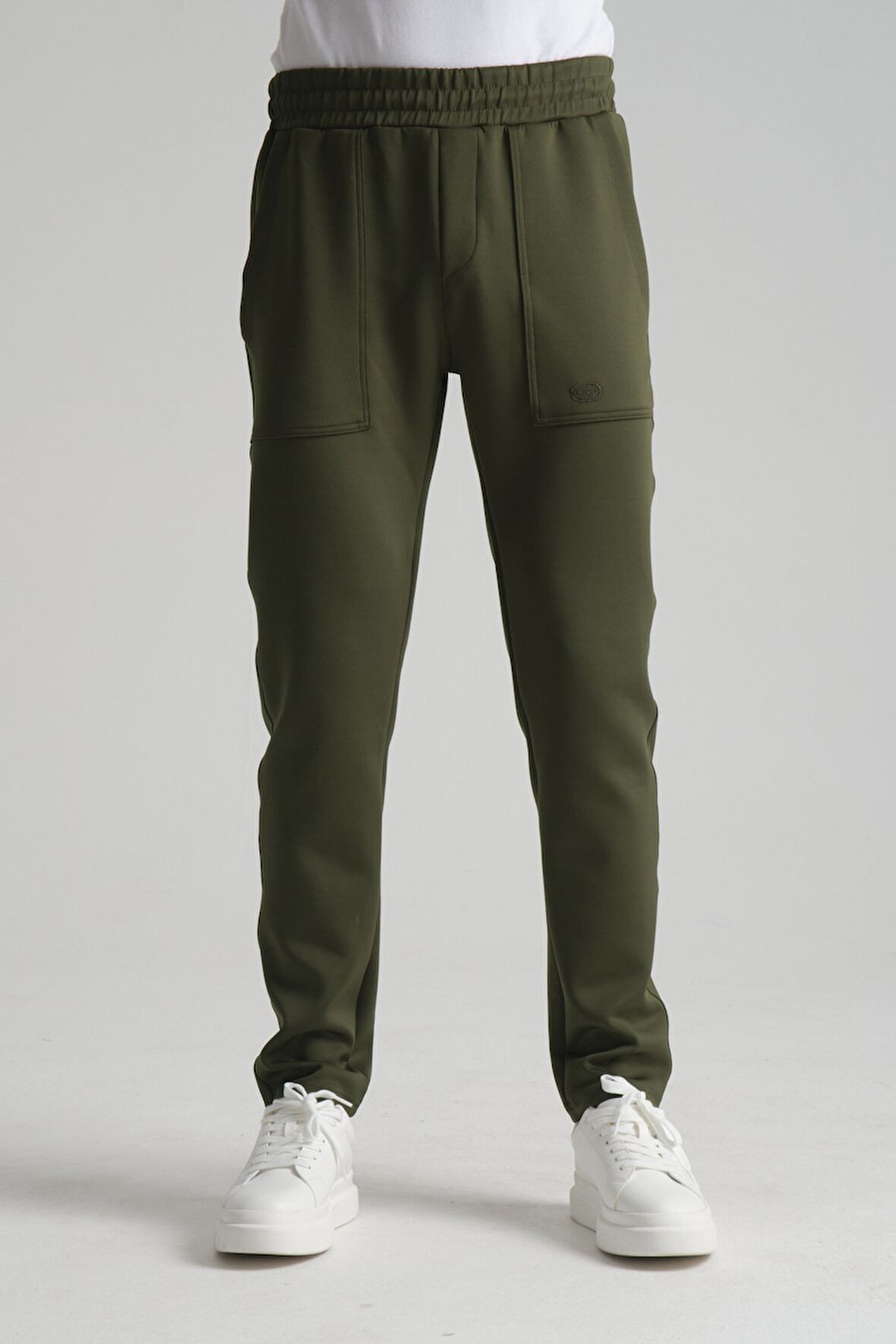 Haki - XL Erkek Düz Paça Beli Bağcıklı Logo Detaylı Jogger Eşofman Altı