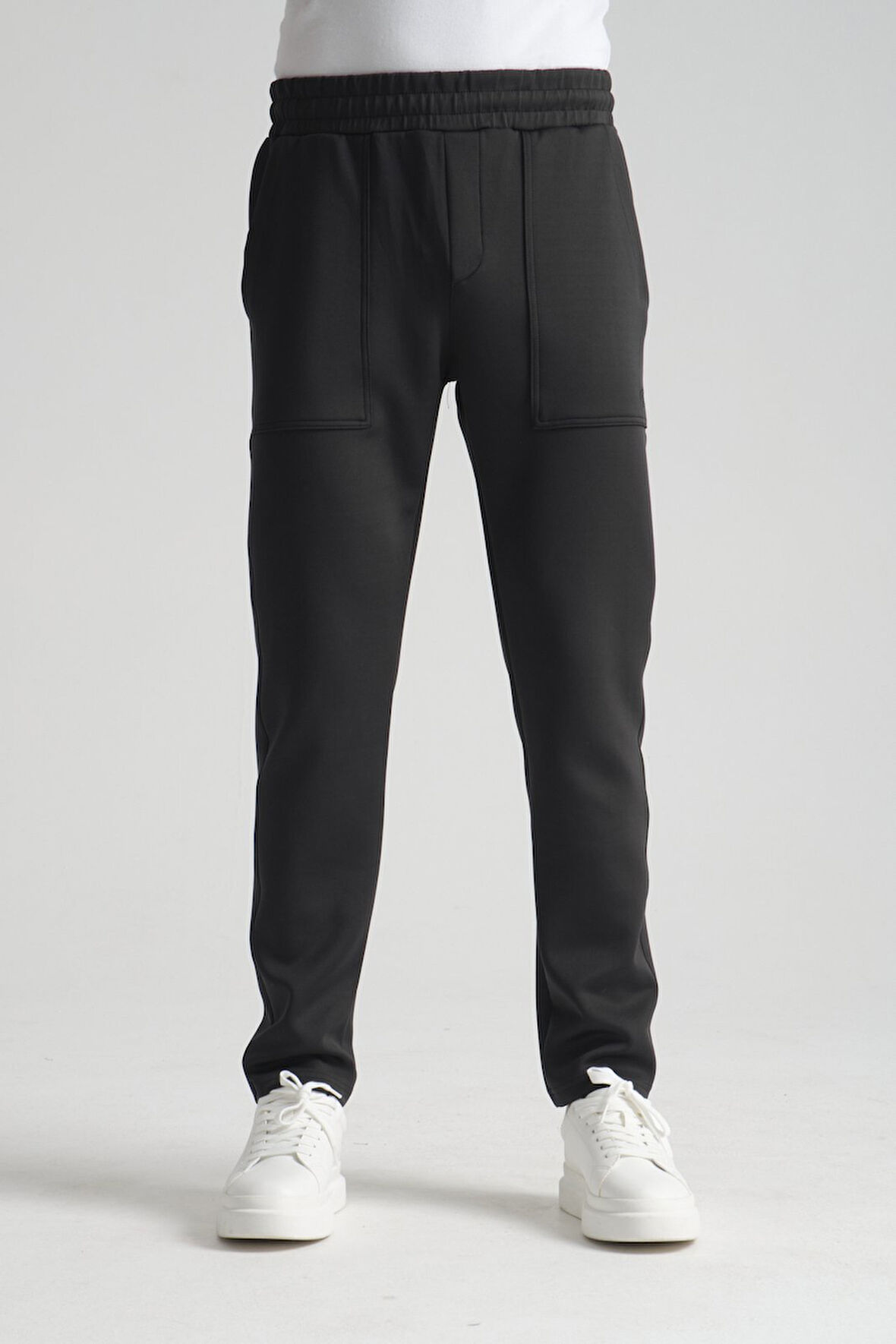 Siyah - 3XL Erkek Düz Paça Beli Bağcıklı Logo Detaylı Jogger Eşofman Altı