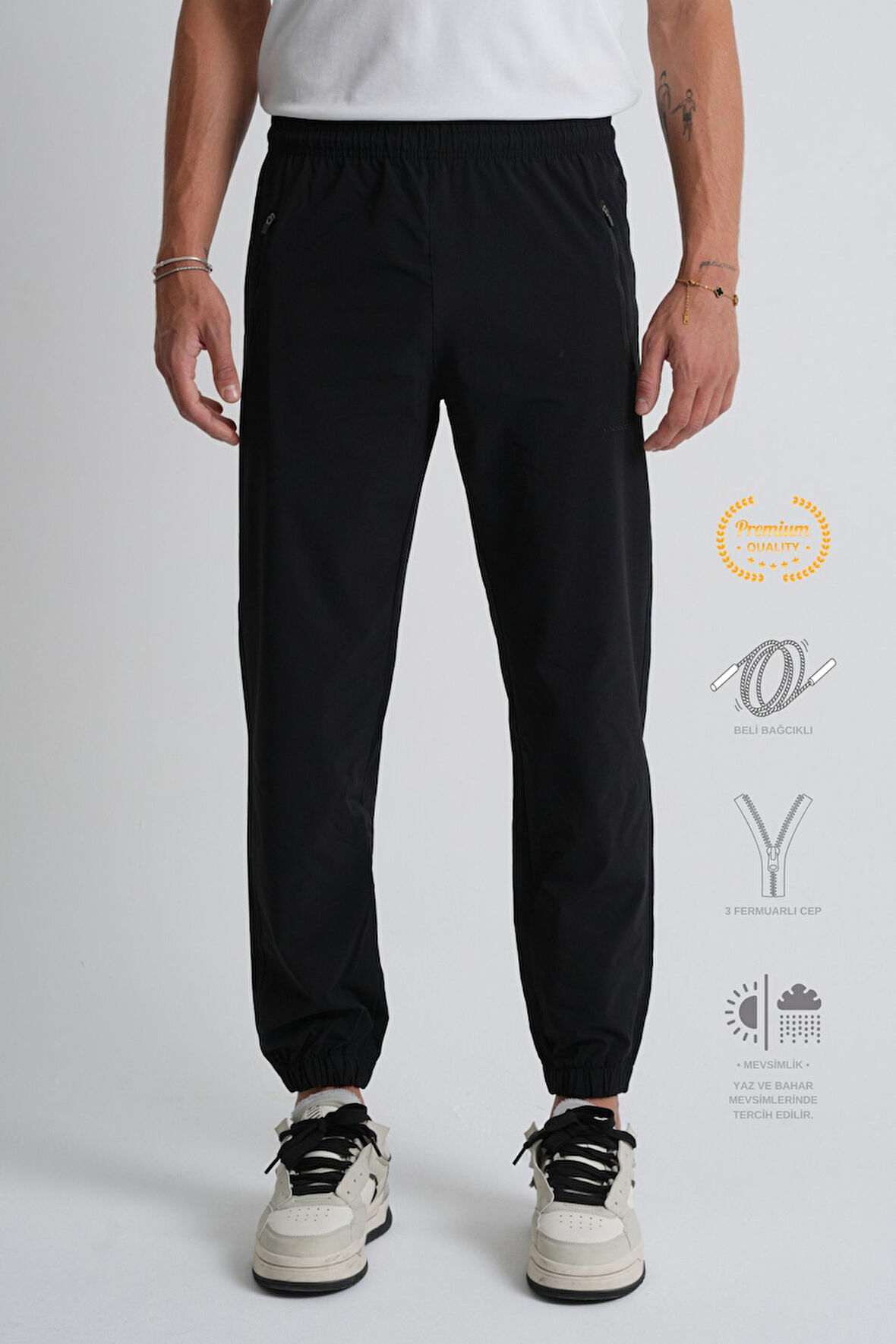 Siyah - L Açık Gri Beli Bağcıklı Paça Lastikli Rahat Kalıp Fermuarlı Erkek Eşofman Alt