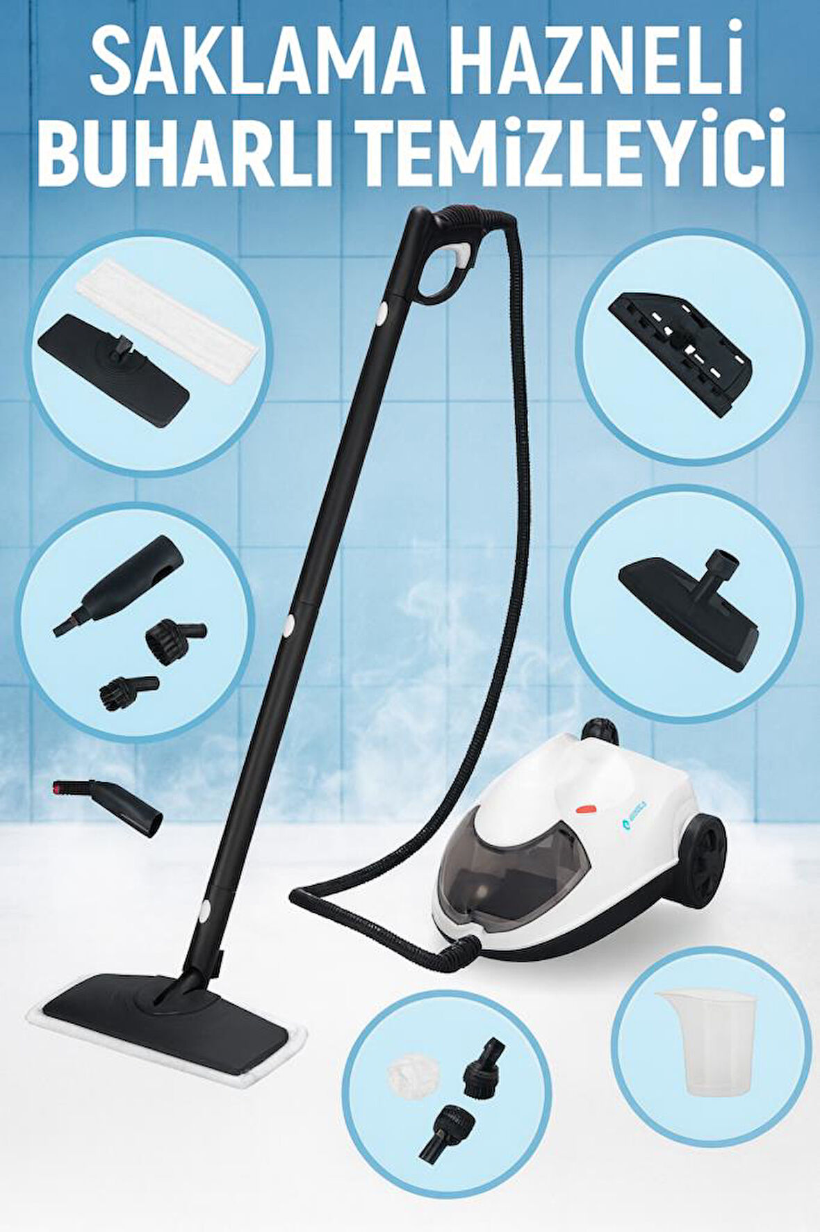 BE-3450 Çok Fonksiyonlu Saklama Hazneli 5 Bar 5m Kablo 2L Su Hazneli Buharlı Temizlik Makinesi Beyaz BE-3450, one size