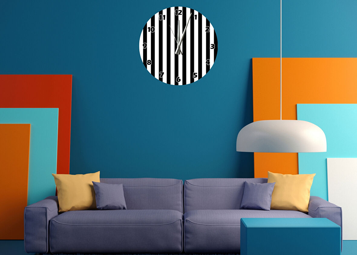 Tİ-PLAY SİYAH BEYAZ ÇİZGİLER 30X30CM AKRİLİK DEKORATİF MODERN DUVAR SAATİ