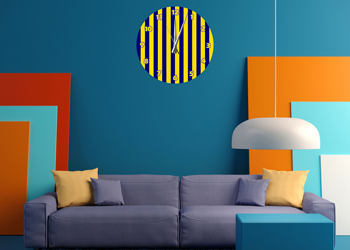 Tİ-PLAY SARI LACİVERT ÇİZGİLER 30X30CM AKRİLİK DEKORATİF MODERN DUVAR SAATİ