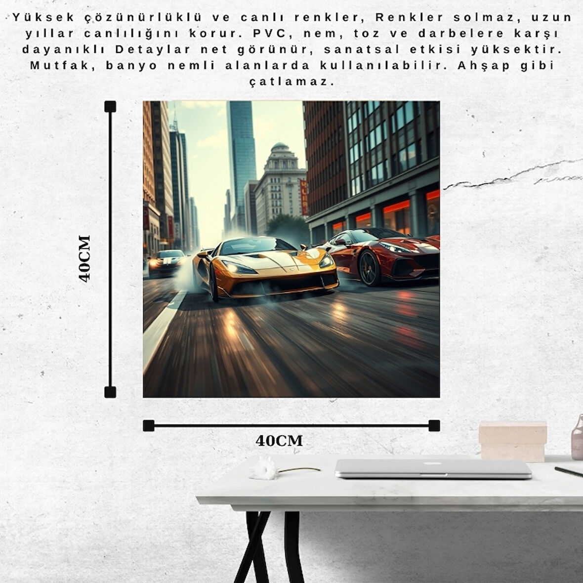 OTOMOBİL TEMALI CADDE YARIŞI ÇERÇEVESİZ PVC TABLO 40X40 CM