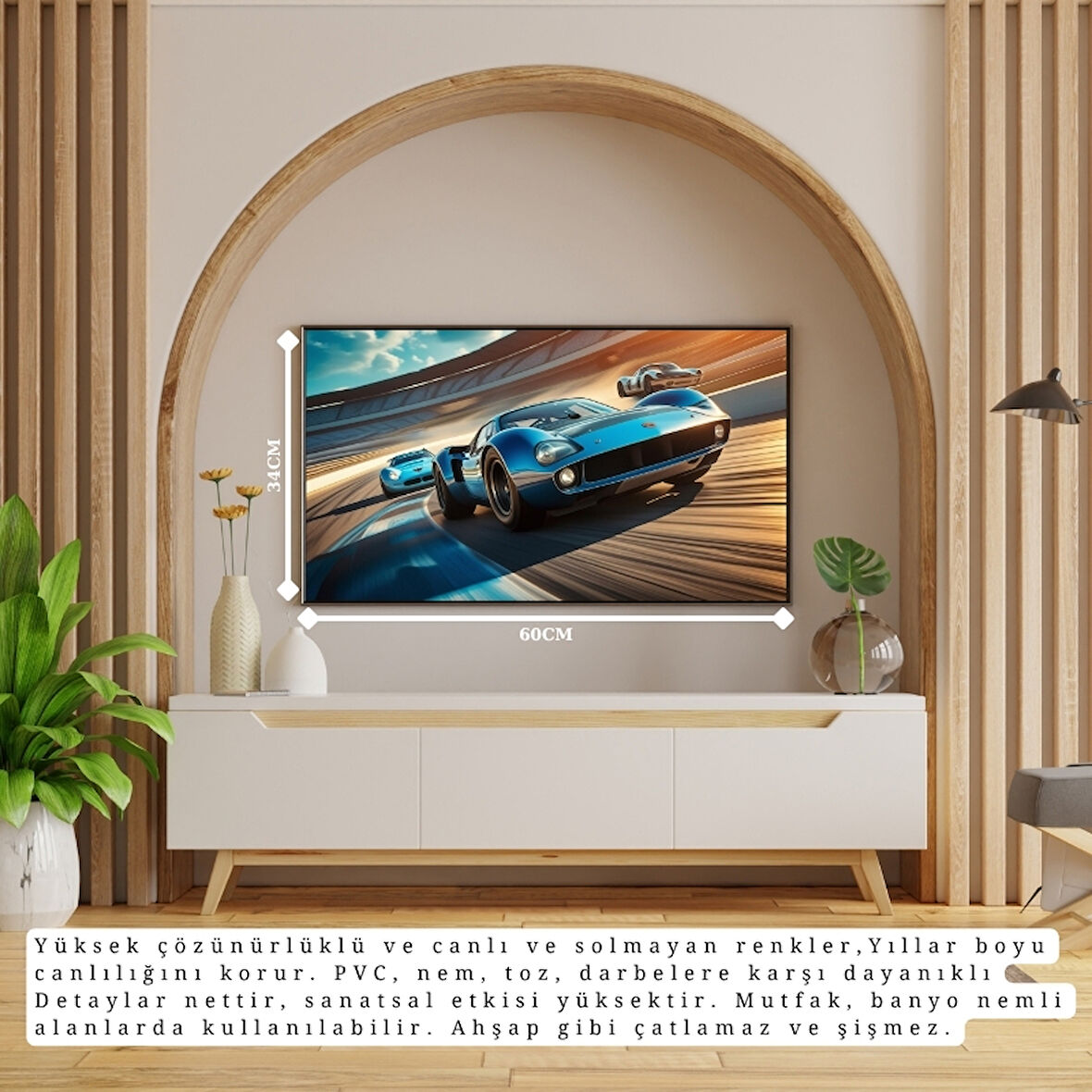 OTOMOBİL TEMALI YARIŞ PİSTİNDE KIYASIYA ÇERÇEVESİZ PVC TABLO 60X34 CM