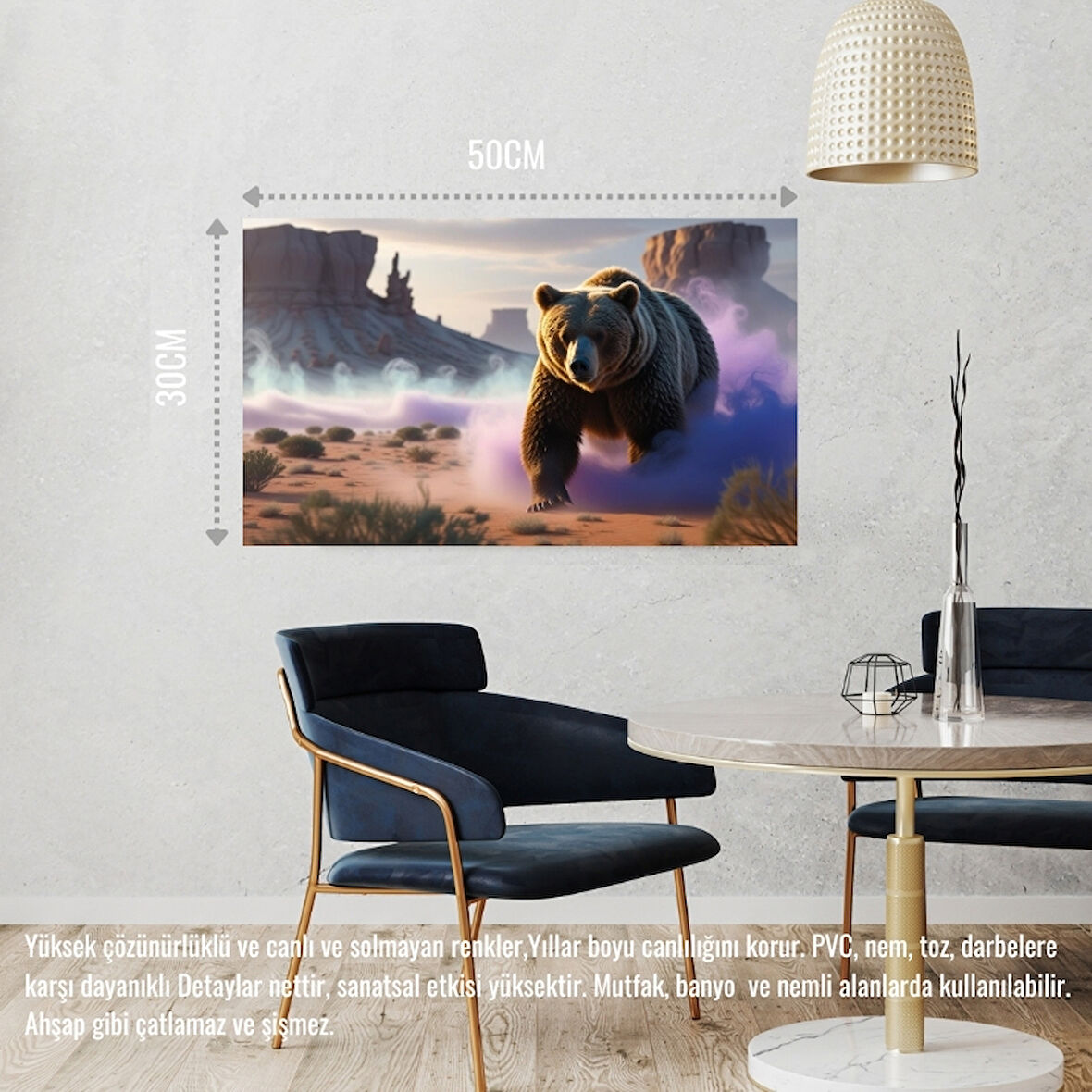 ÇÖLDE SİSİN İÇİNDEN ÇIKAN AYI MİSTİK ATMOSFER 02 ÇERÇEVESİZ 50X30 CM PVC TABLO