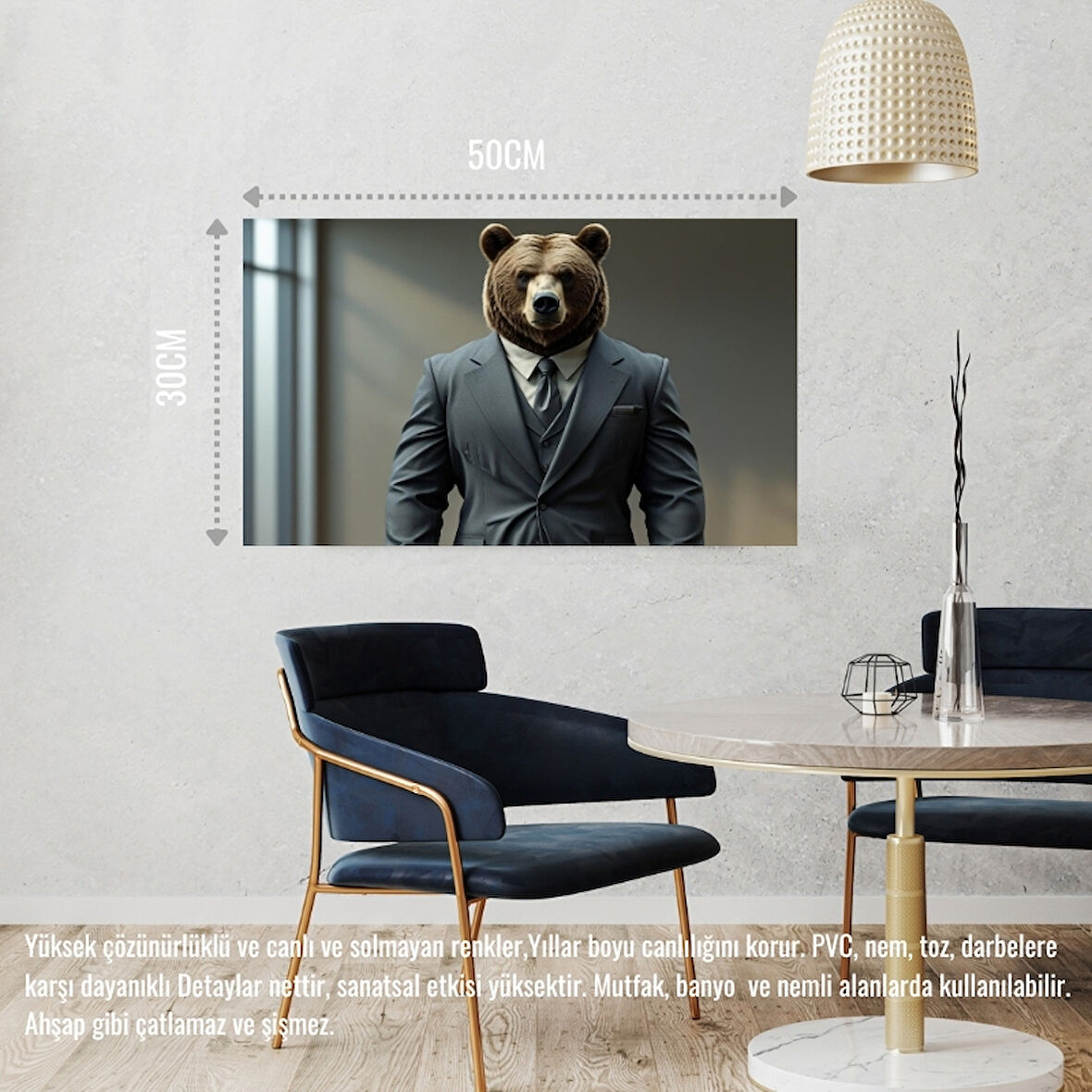 TAKIM ELBİSELİ KASLI AYI MUHAFIZ GÖREVİNDE 02 ÇERÇEVESİZ 50X30 CM PVC TABLO