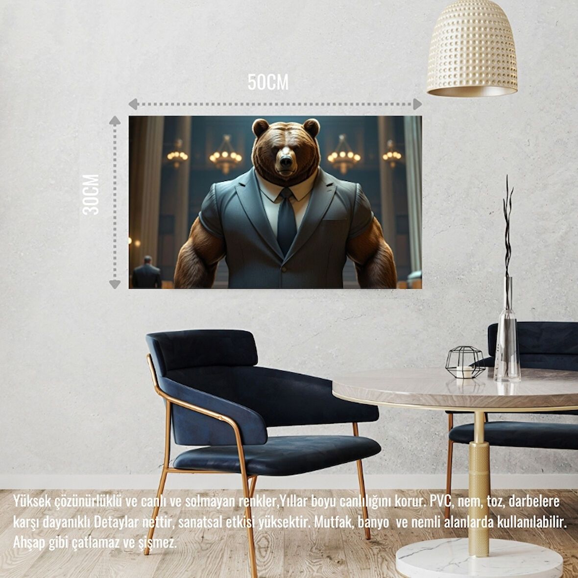 TAKIM ELBİSELİ KASLI AYI MUHAFIZ GÖREVİNDE 03 ÇERÇEVESİZ 50X30 CM PVC TABLO