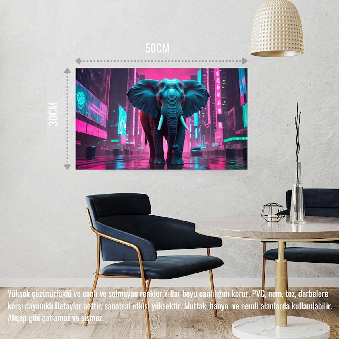 SİBER PUNK DÜNYASINDA HEYBETLİ DURAN FİL NEON IŞIKLAR ALTINDA 01 ÇERÇEVESİZ 50X30 CM PVC TABLO