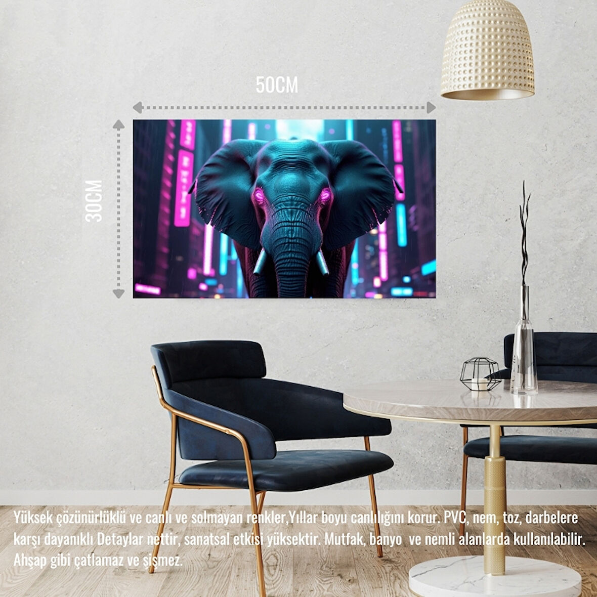 SİBER PUNK DÜNYASINDA HEYBETLİ DURAN FİL NEON IŞIKLAR ALTINDA 04 ÇERÇEVESİZ 50X30 CM PVC TABLO