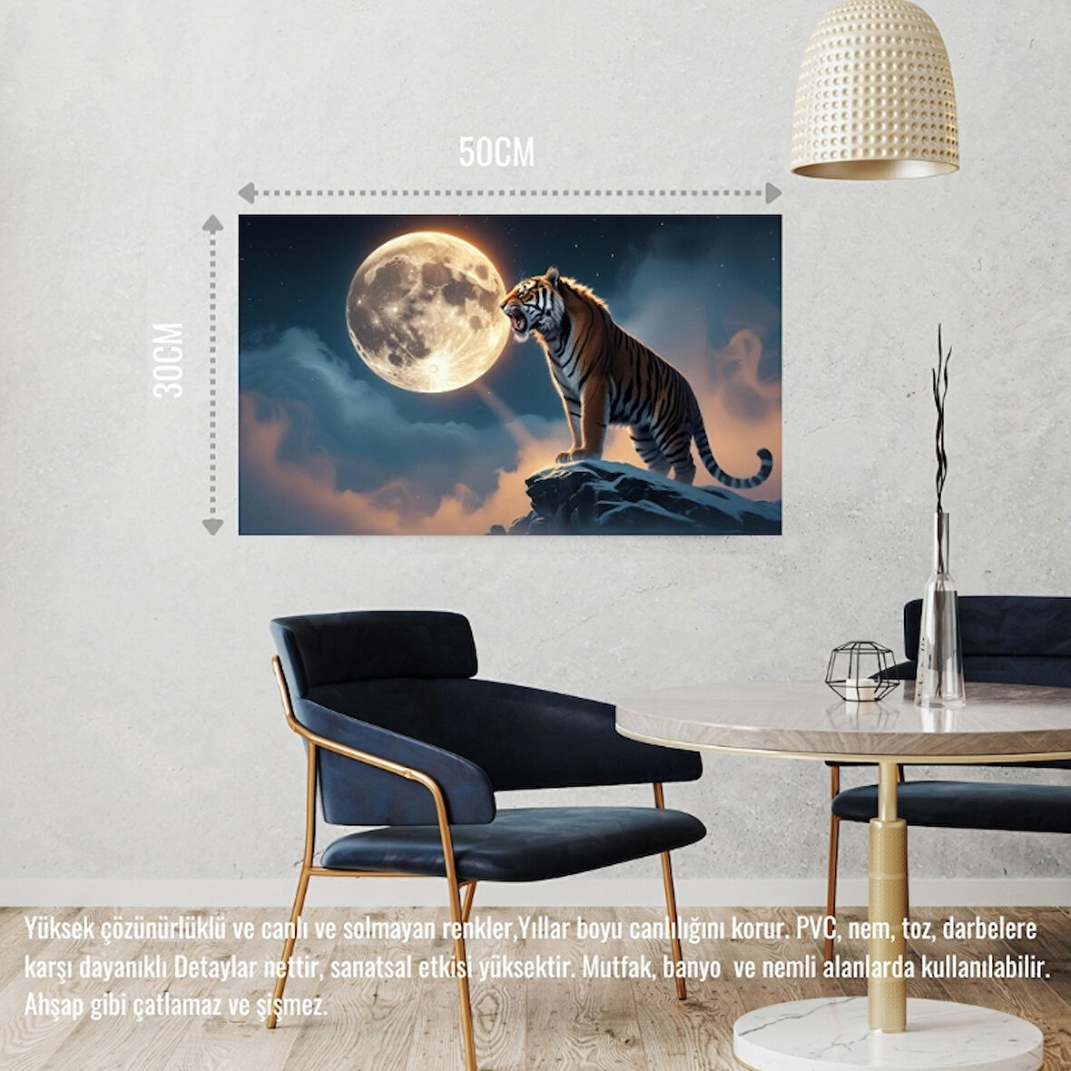 KAPLAN SİSLİ BİR DAĞDA AYA KÜKRÜYOR 02 ÇERÇEVESİZ 50X30 CM PVC TABLO