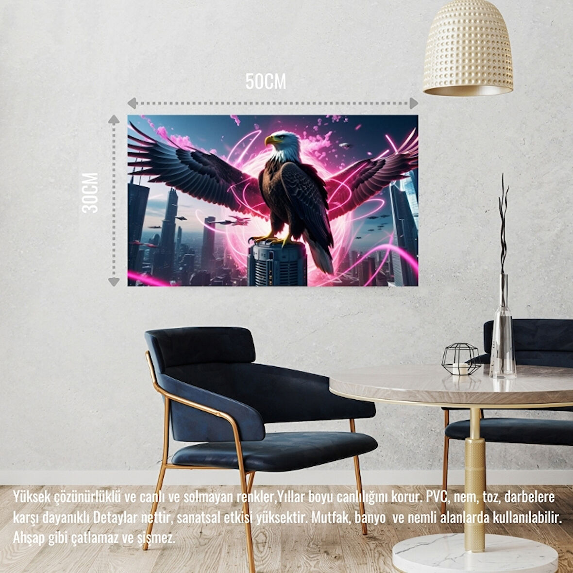 KARTAL FÜTÜRİSTİK BİR ŞEHİRDE NEON PARILTI STİLİ 01 ÇERÇEVESİZ 50X30 CM PVC TABLO