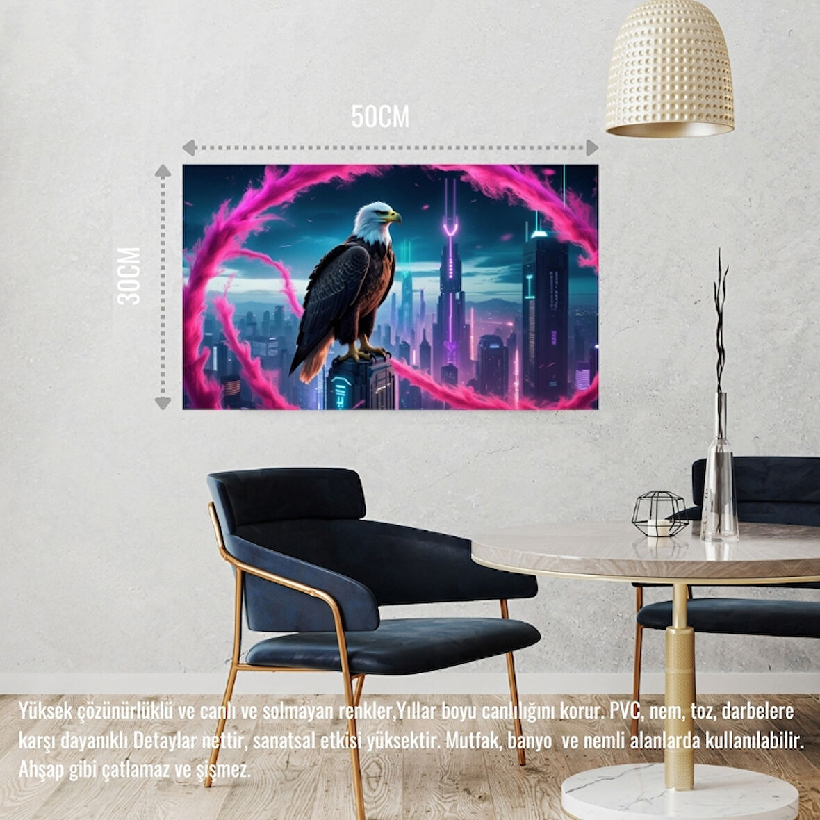 KARTAL FÜTÜRİSTİK BİR ŞEHİRDE NEON PARILTI STİLİ 02 ÇERÇEVESİZ 50X30 CM PVC TABLO