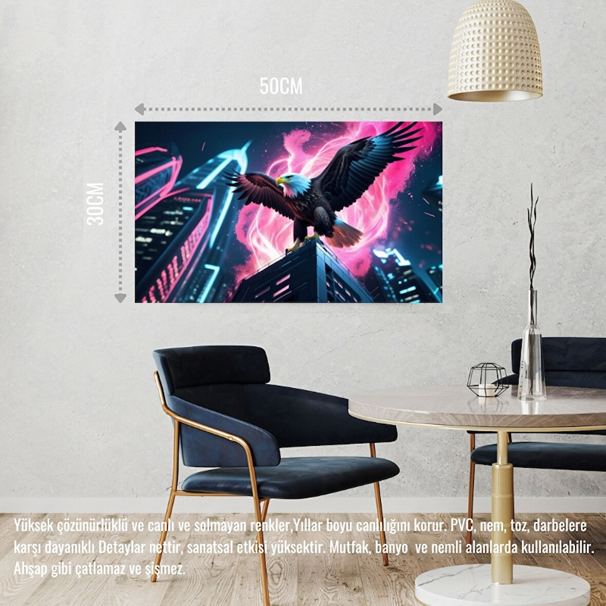 KARTAL FÜTÜRİSTİK BİR ŞEHİRDE NEON PARILTI STİLİ 04 ÇERÇEVESİZ 50X30 CM PVC TABLO