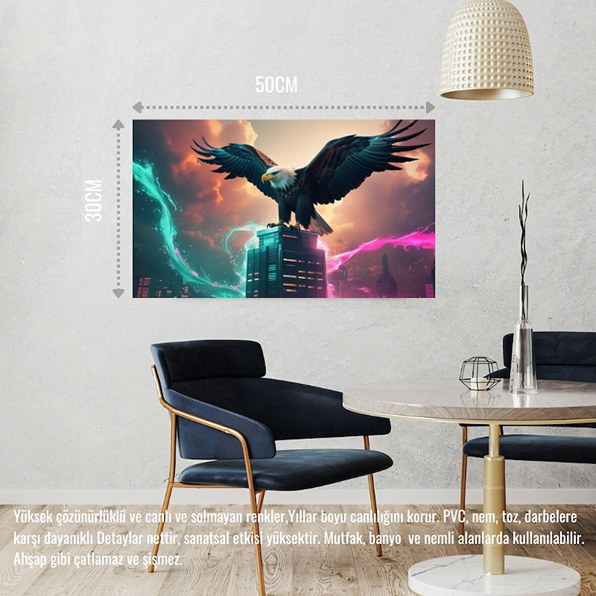 KARTAL FÜTÜRİSTİK BİR ŞEHİRDE NEON PARILTI STİLİ 05 ÇERÇEVESİZ 50X30 CM PVC TABLO
