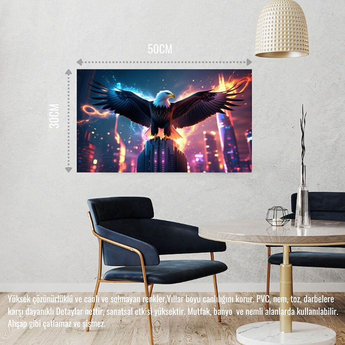 KARTAL FÜTÜRİSTİK BİR ŞEHİRDE NEON PARILTI STİLİ 07 ÇERÇEVESİZ 50X30 CM PVC TABLO