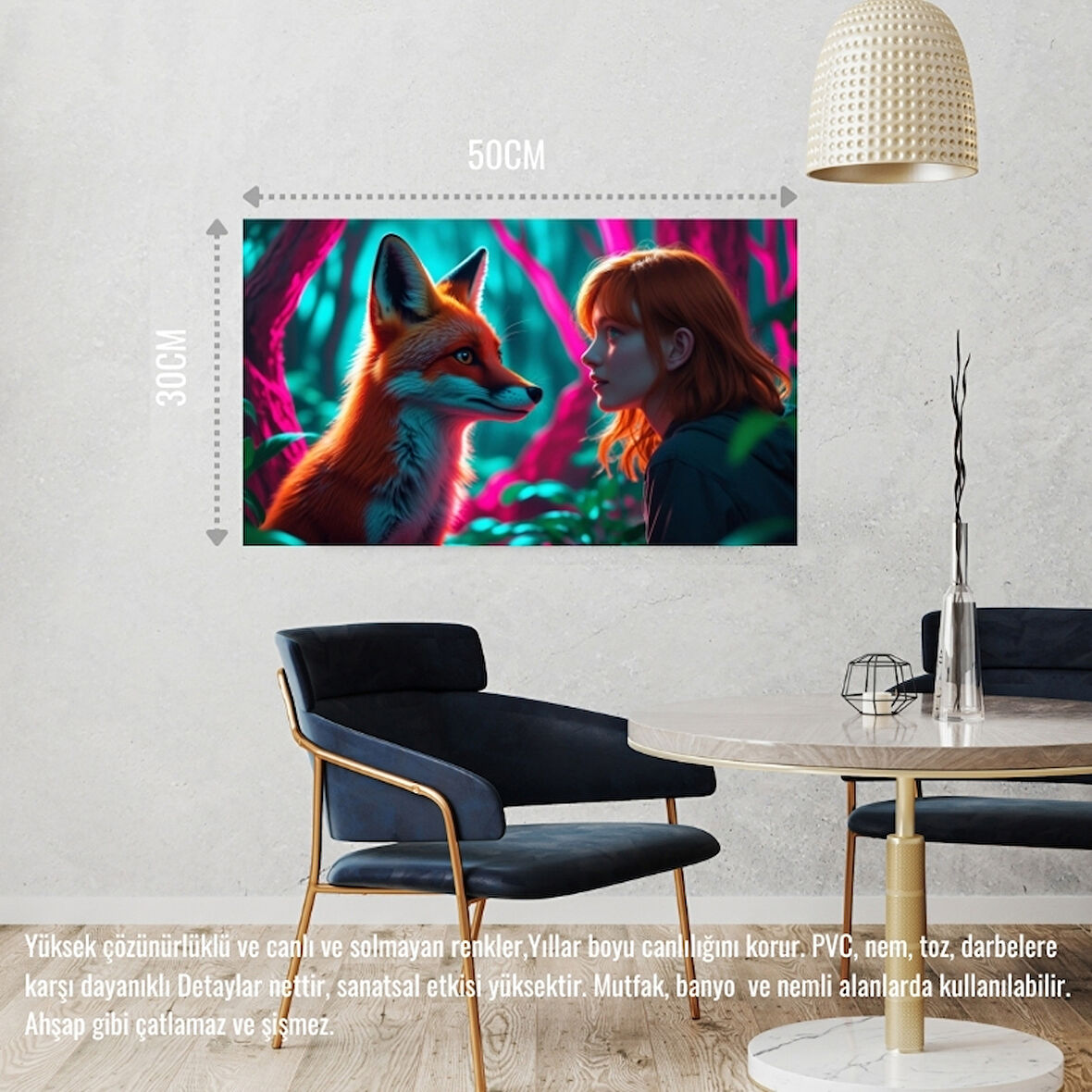 TİLKİ NEON ORMANDA BİR İNSANLA ETKİLEŞİM MİSTİK 01 ÇERÇEVESİZ 50X30 CM PVC TABLO