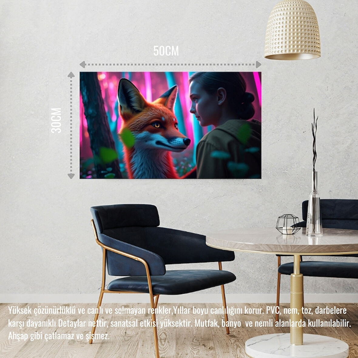 TİLKİ NEON ORMANDA BİR İNSANLA ETKİLEŞİM MİSTİK 03 ÇERÇEVESİZ 50X30 CM PVC TABLO