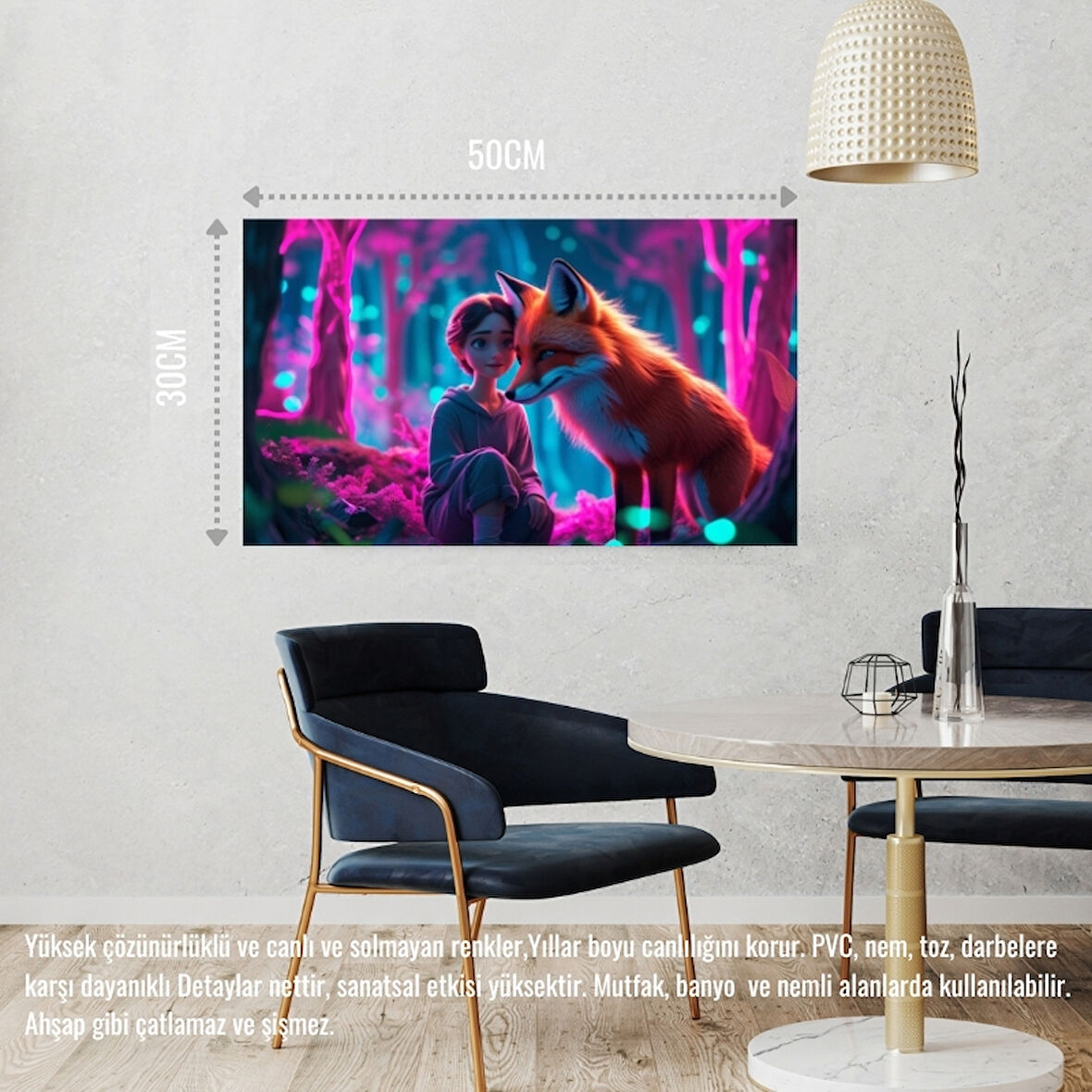 TİLKİ NEON ORMANDA BİR İNSANLA ETKİLEŞİM MİSTİK 04 ÇERÇEVESİZ 50X30 CM PVC TABLO